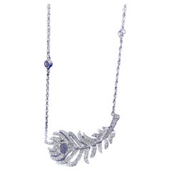 18K White Gold an Elliptical Feather Necklace with White Natural Diamonds