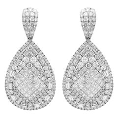 18K White Gold and 10.42 Ct Round Baguette Princess Cut Diamonds Drop Earrings