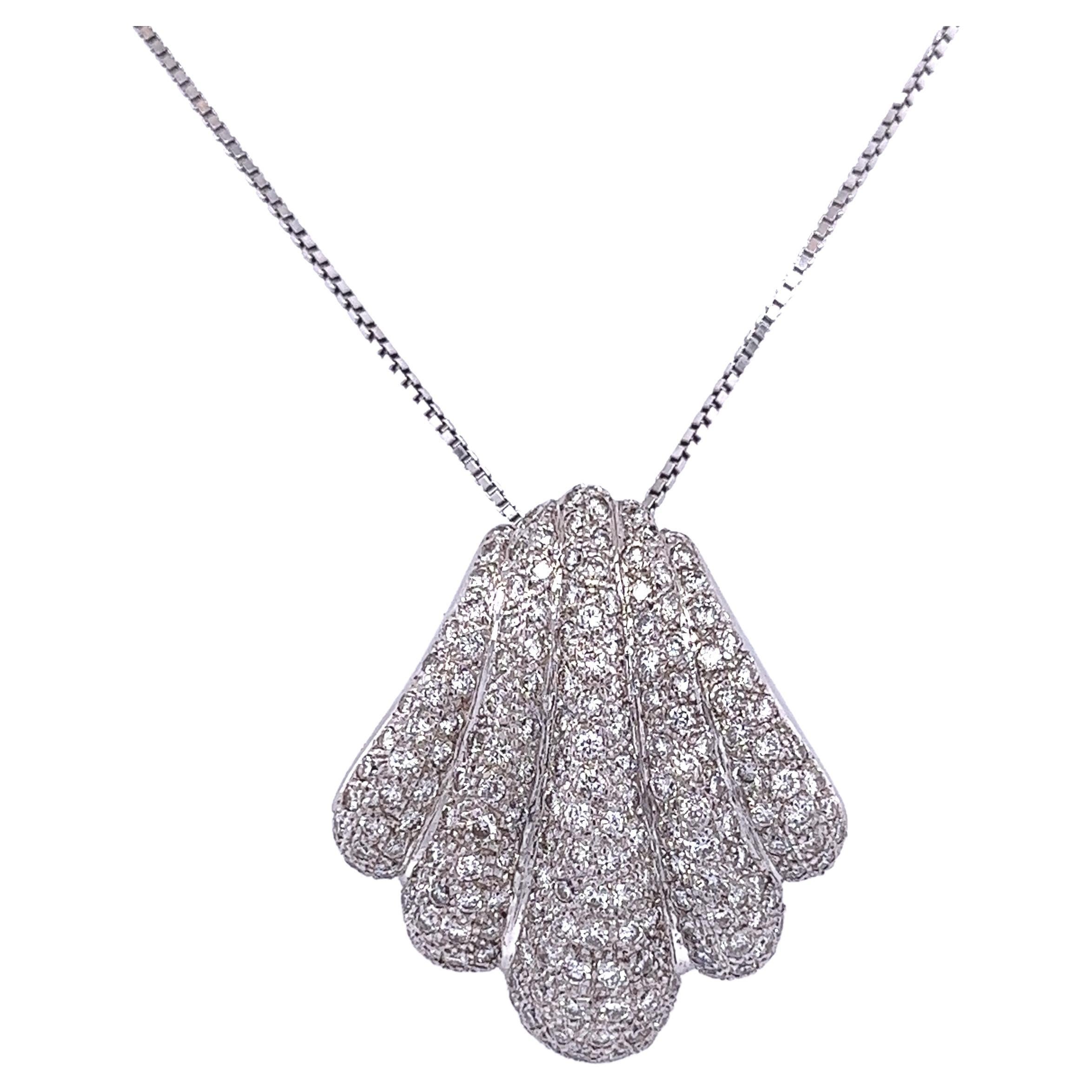 18K White Gold and 2.43ct Diamond Pave Sea Shell Pendant Necklace For Sale