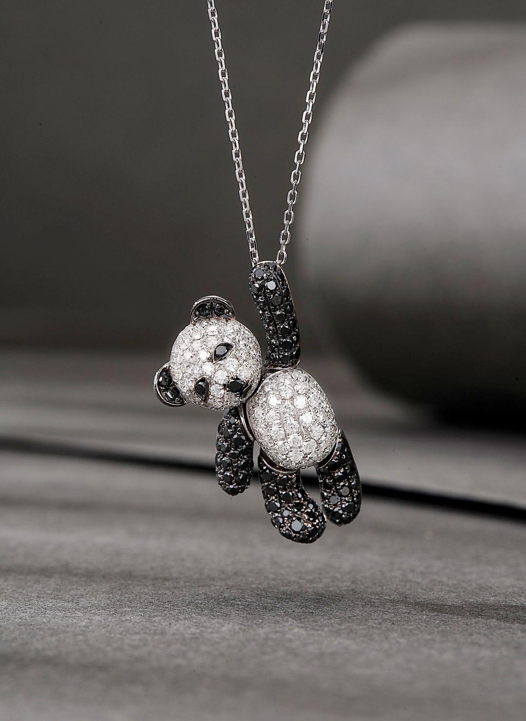 Byzantine 18K White Gold and Black Diamond Bear Necklace For Sale