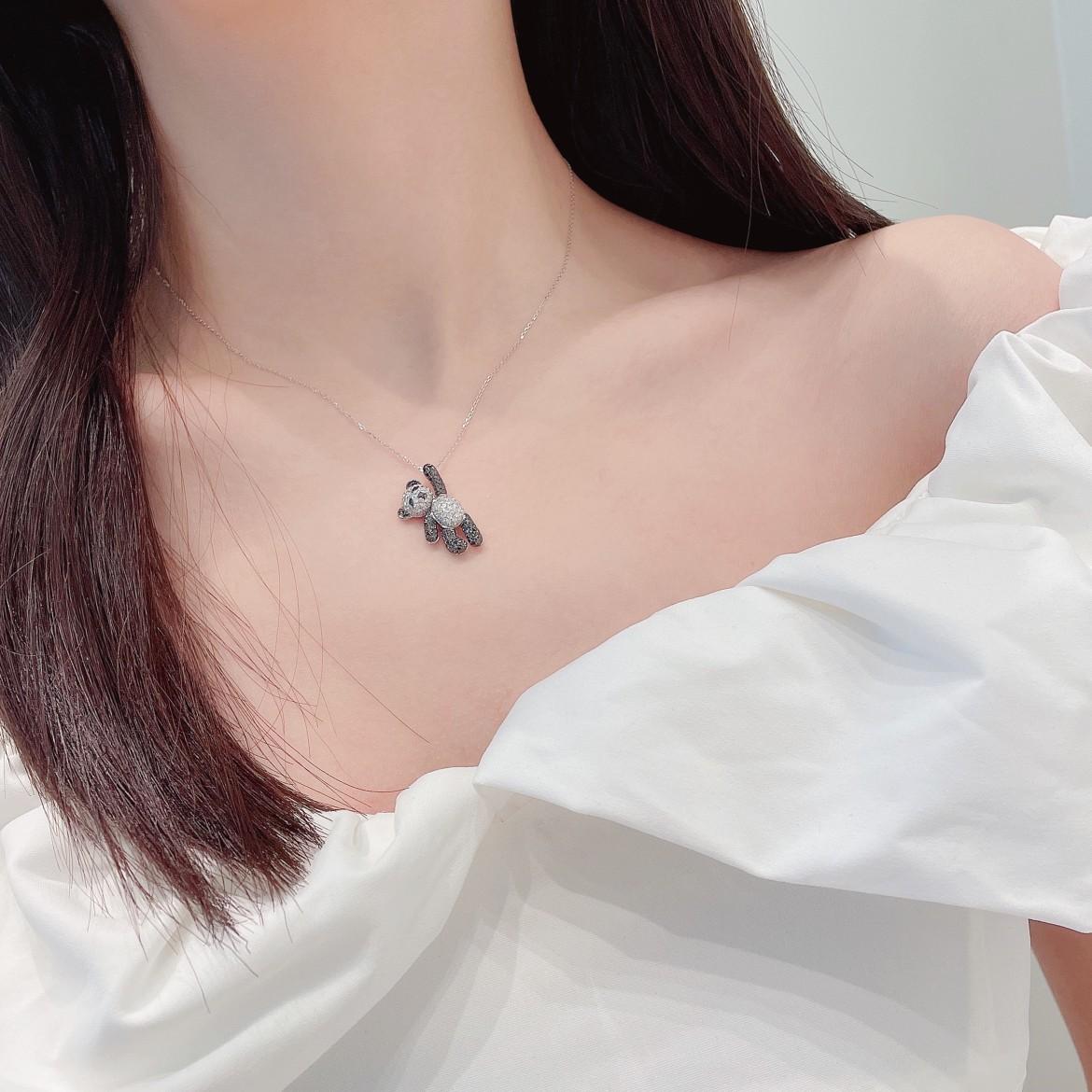 Women's or Men's 18K White Gold and Black Diamond Bear Necklace For Sale