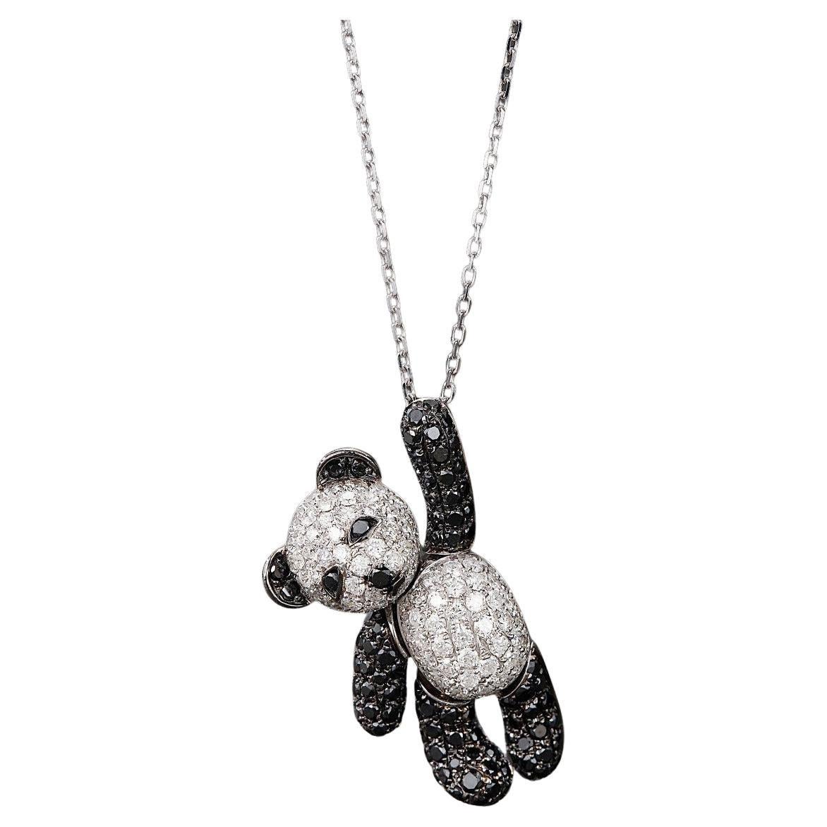 18K White Gold and Black Diamond Bear Necklace