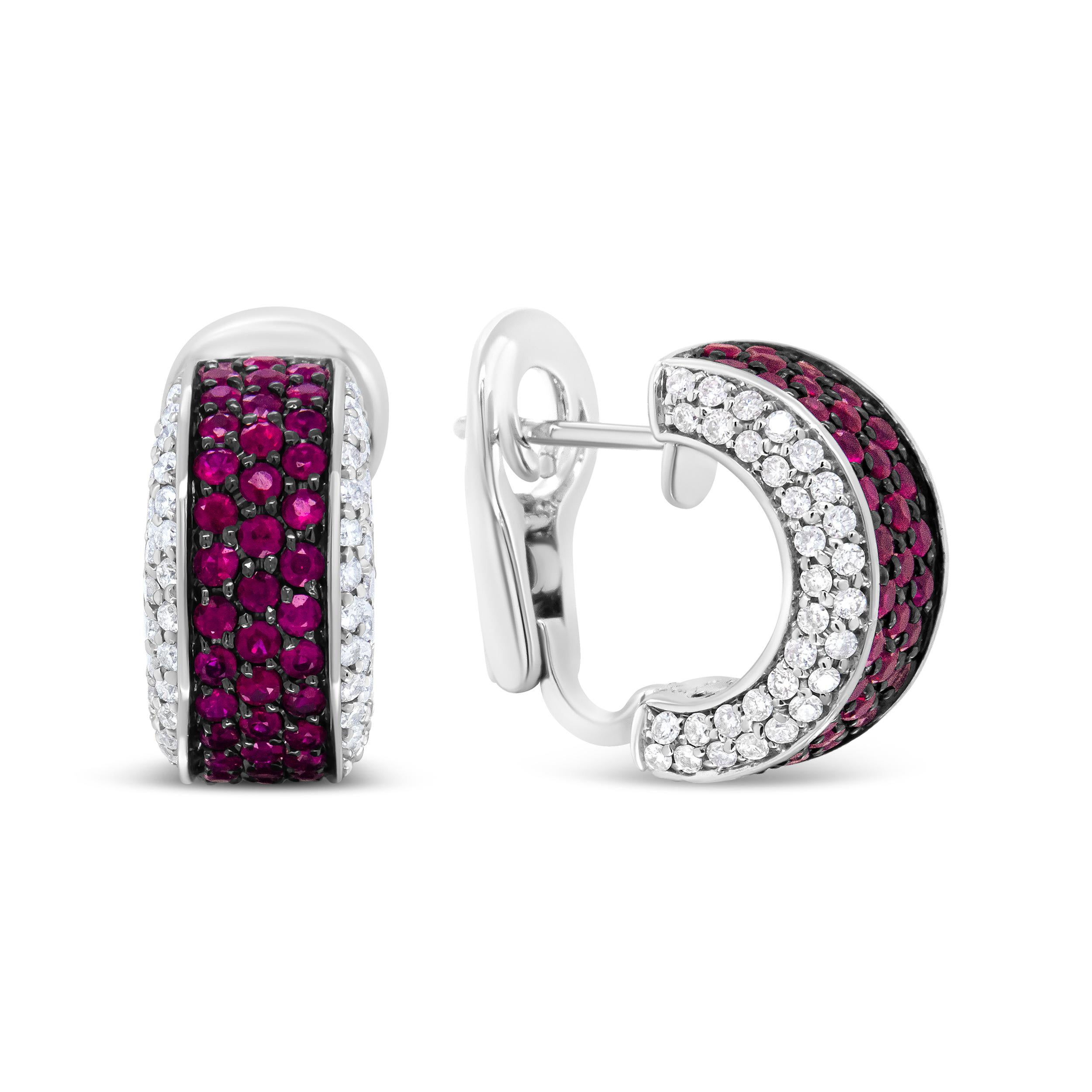 Contemporary 18K White Gold and Black Rhodium Plated 3/4ct Diamonds and Red Ruby Hoop Earring For Sale