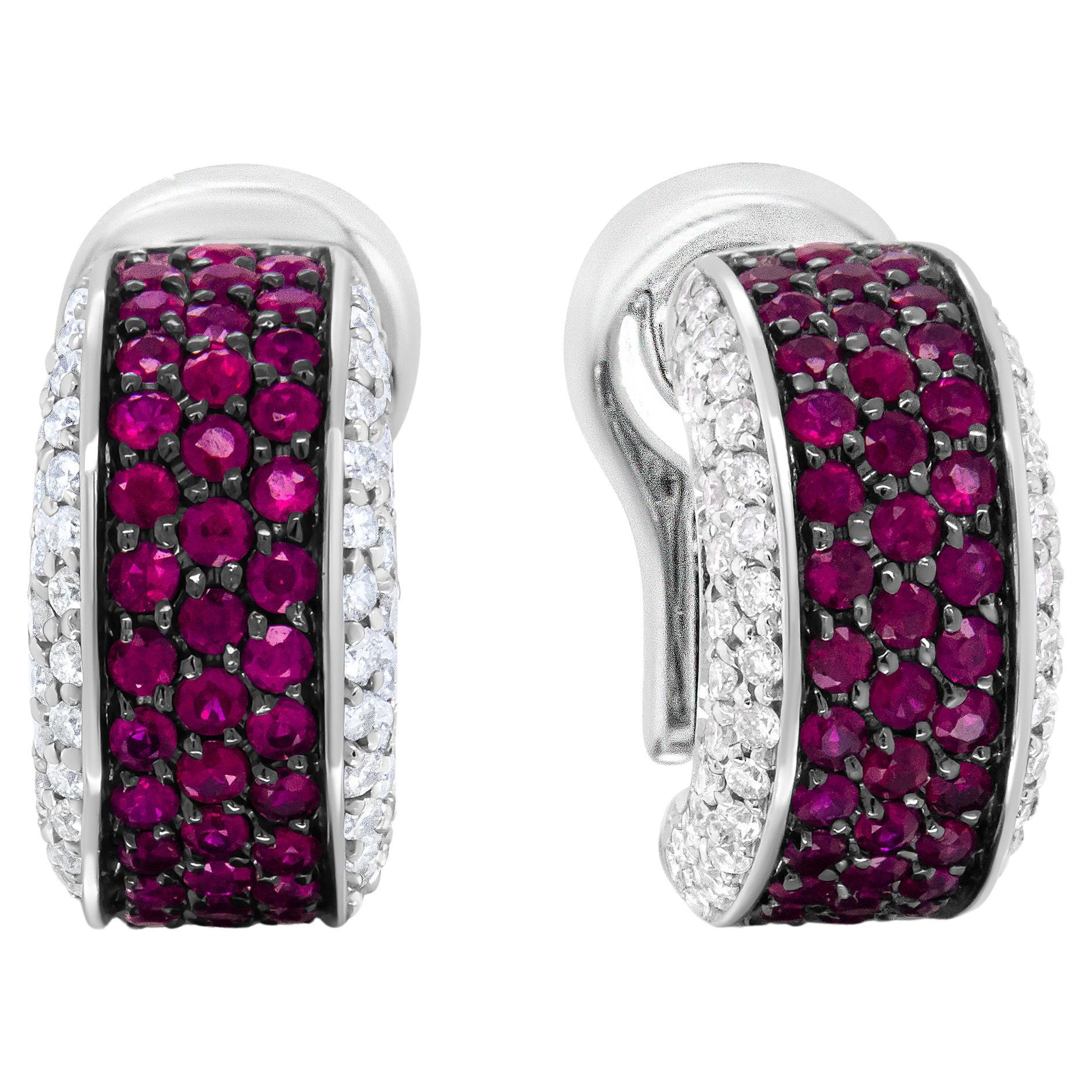 18K White Gold and Black Rhodium Plated 3/4ct Diamonds and Red Ruby Hoop Earring For Sale