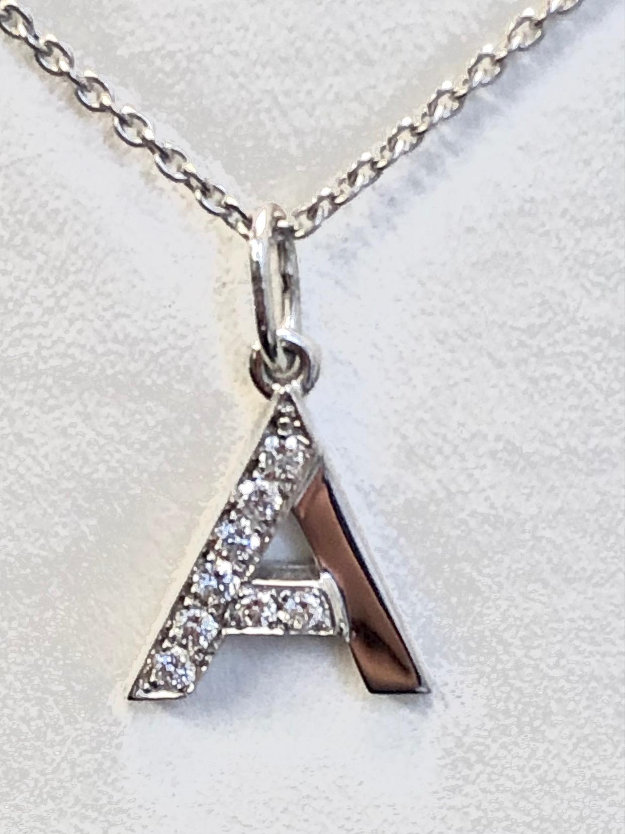 This unique design offers a distinction from the generic initials in the market, made in 18K White Gold, set with 8 Diamonds 0.16 carats, it comes with an 18K White Gold Chain.
Initial measures 1/2 inch ( 1.5CM )