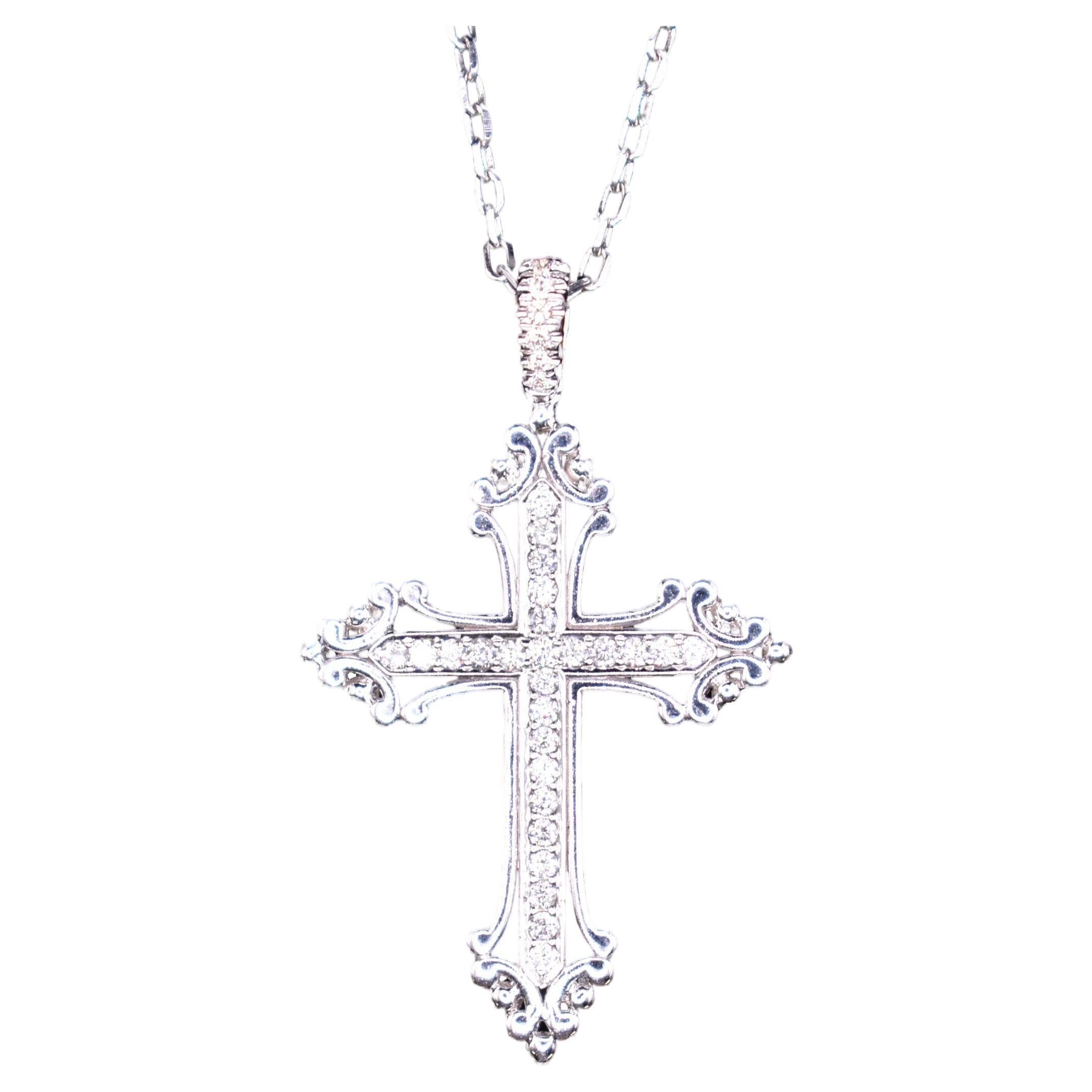18k White Gold  and Diamond Cross & Chain For Sale