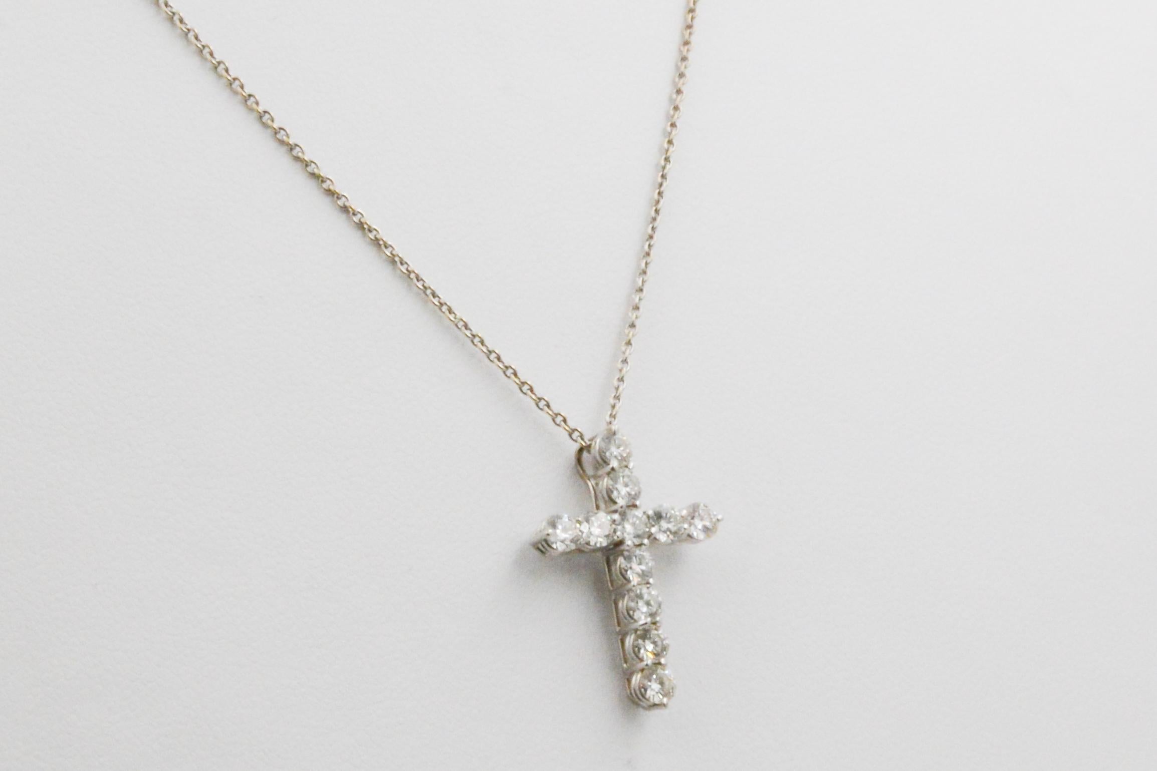 Round Cut 18 Karat White Gold and Diamond Cross Pendant