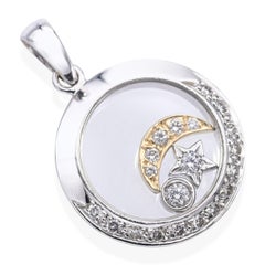 18k White Gold and Diamond Floating Moon and Stars Pendant