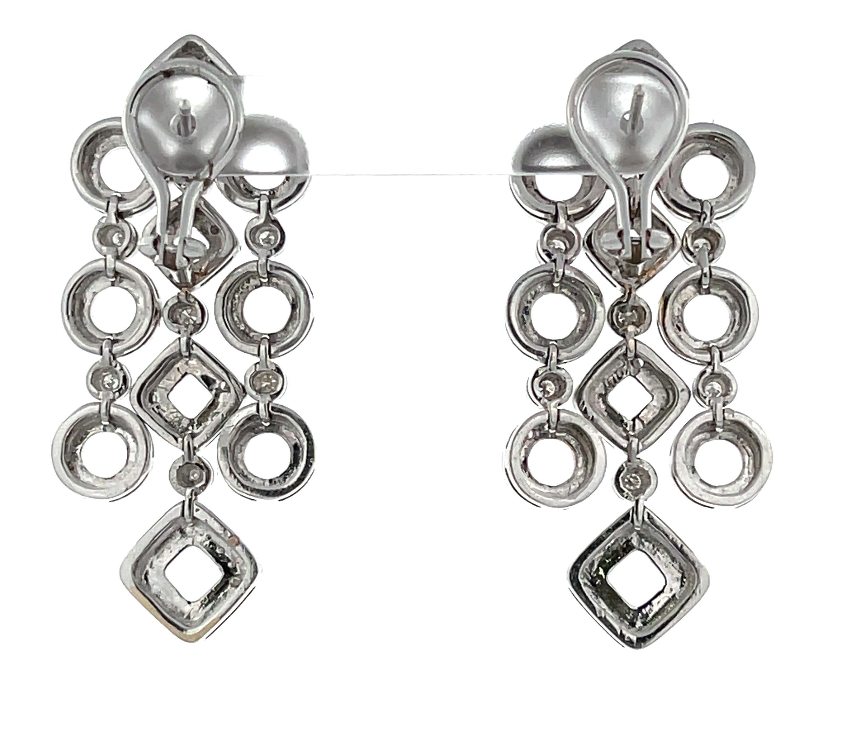 Round Cut 18K White Gold and Diamond Geometric Dangle Earrings For Sale