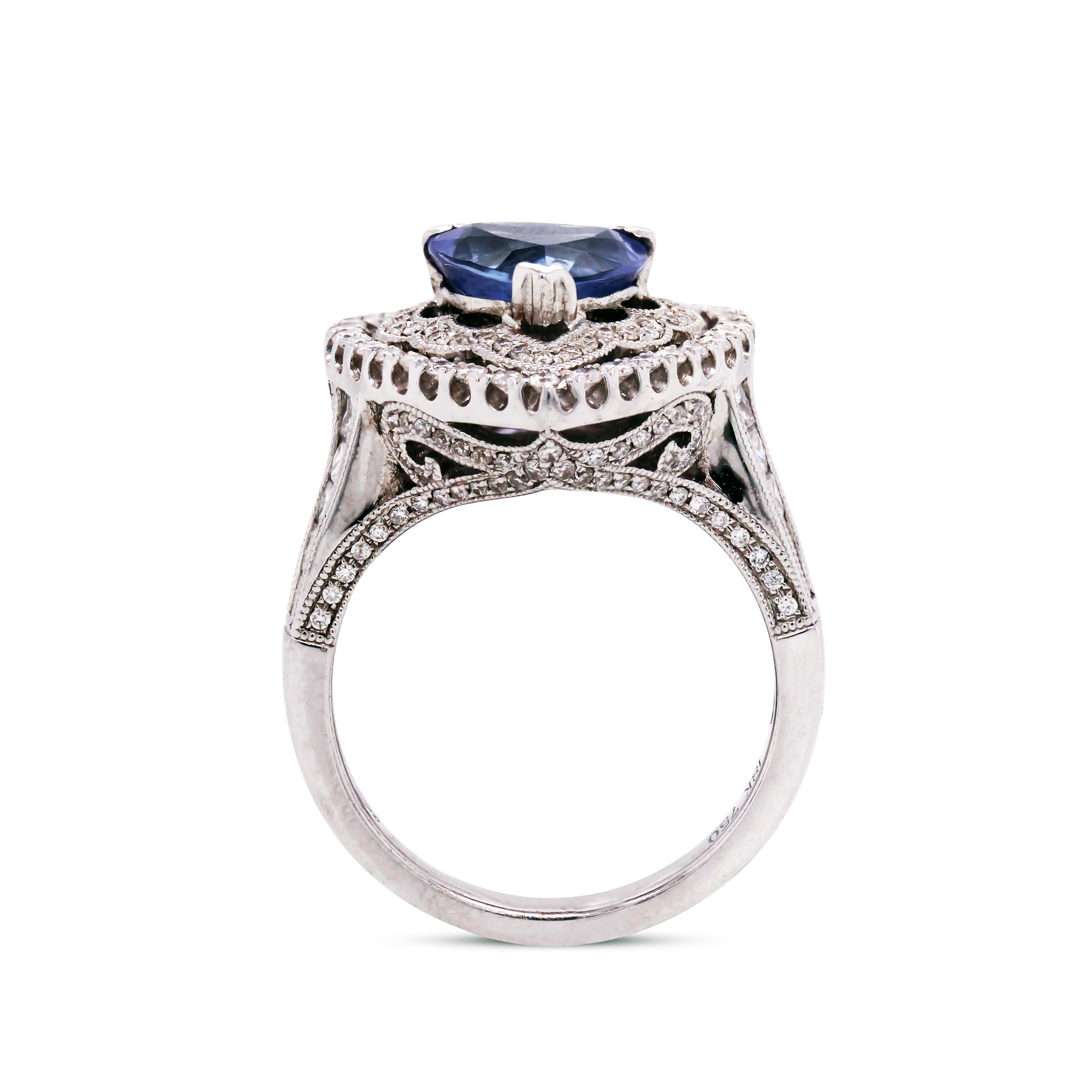 Trillion Cut 18 Karat White Gold and Diamond Heart Shape Cocktail Ring with Tanzanite Center