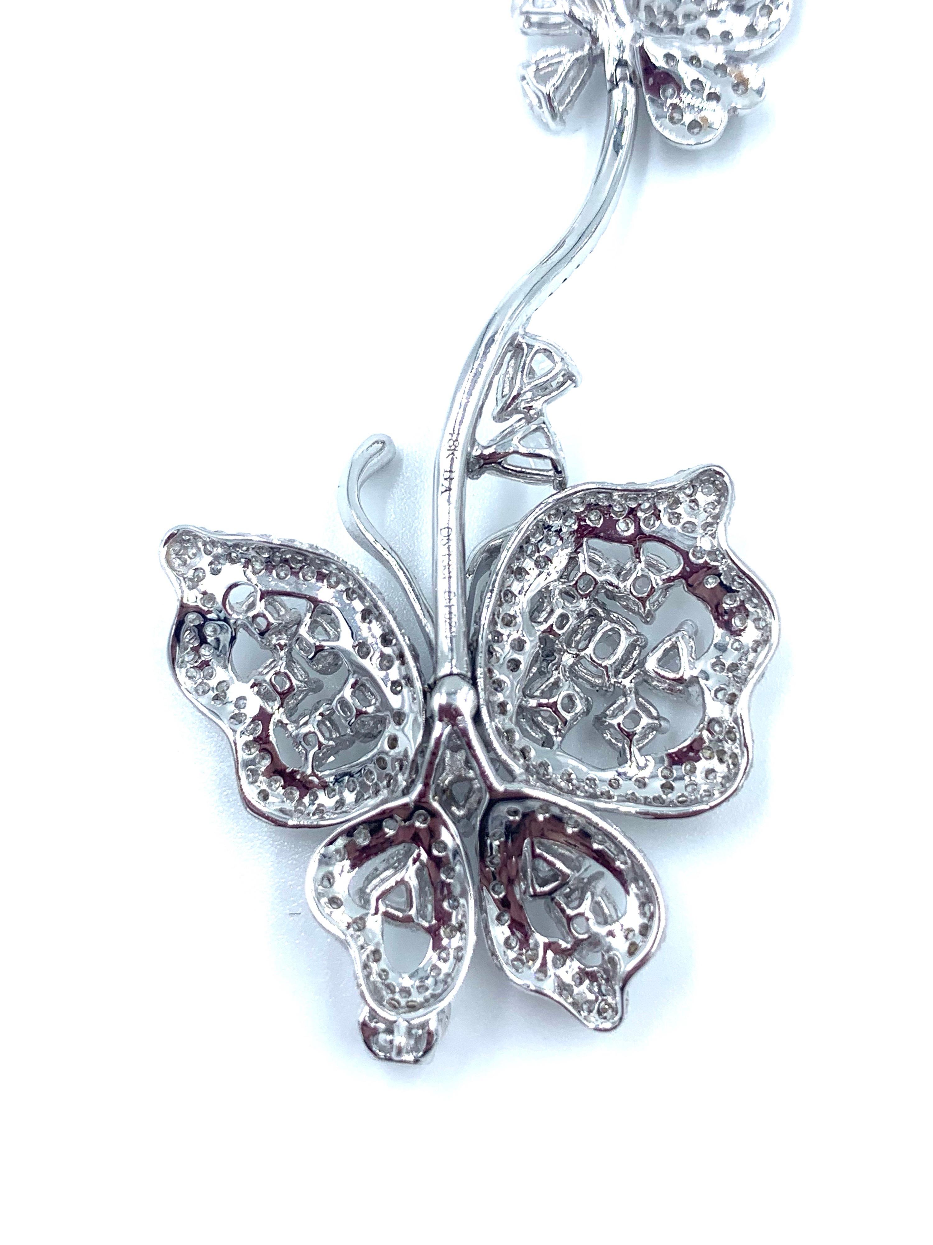 Round Cut 18 Karat White Gold and Diamond Long Butterfly Dangle Earrings