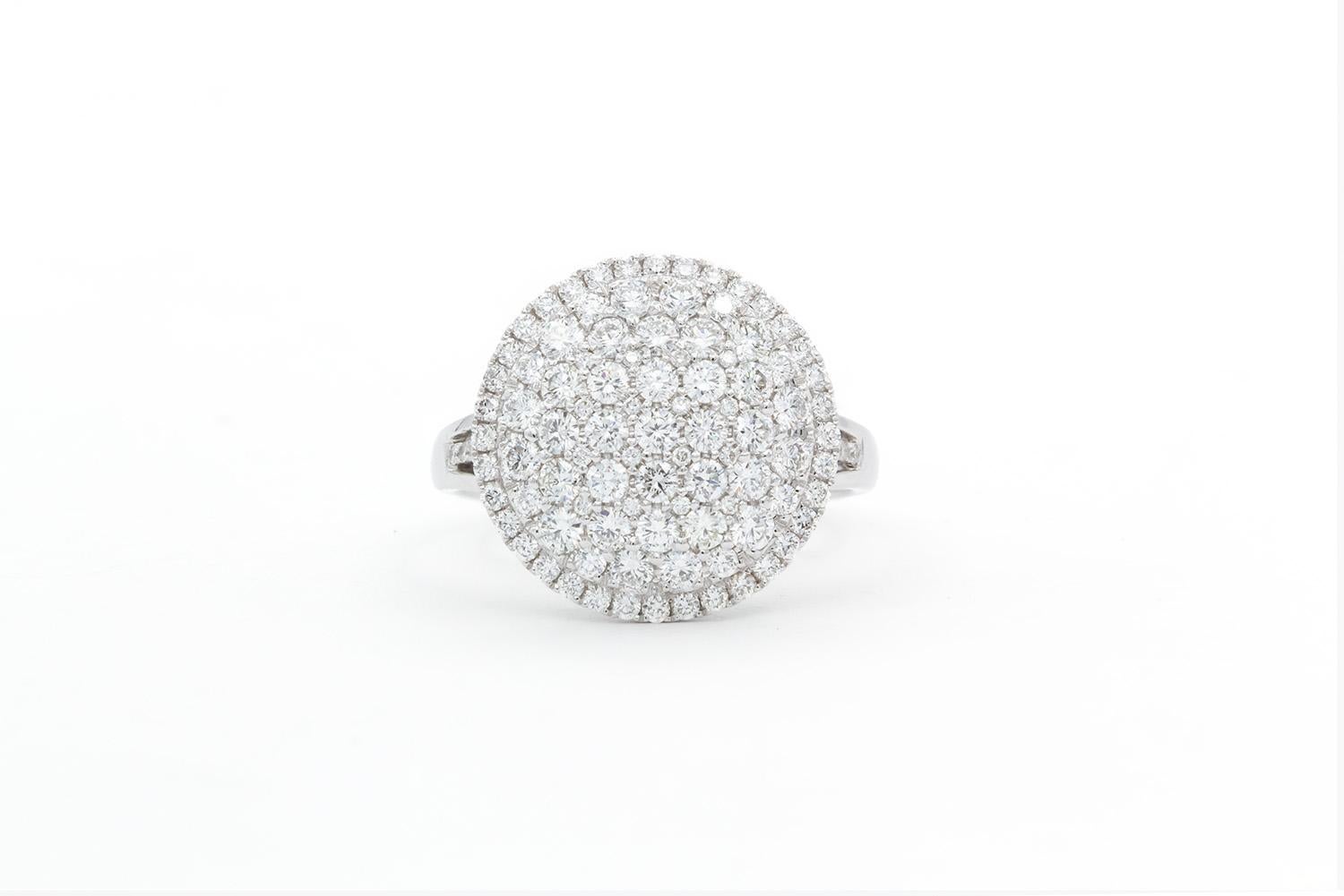 We are pleased to present this 18K White Gold & Diamond Micro Pave Dome Button Style Cocktail Ring . This beautiful ring feature an estimated 2.00ct G-H/VS-SI Round Brilliant Cut Diamonds Pave set in an 18k White Gold dome/button style cocktail