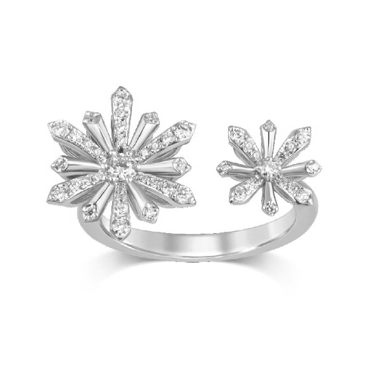 Edelweiss collection...
Option of yellow or rose gold.
Pieces make to order in finish and size
18k White gold and diamond ring with two flowers
weighing 4.73 g and 48 diamonds 0.38 ct

The Alpine 
