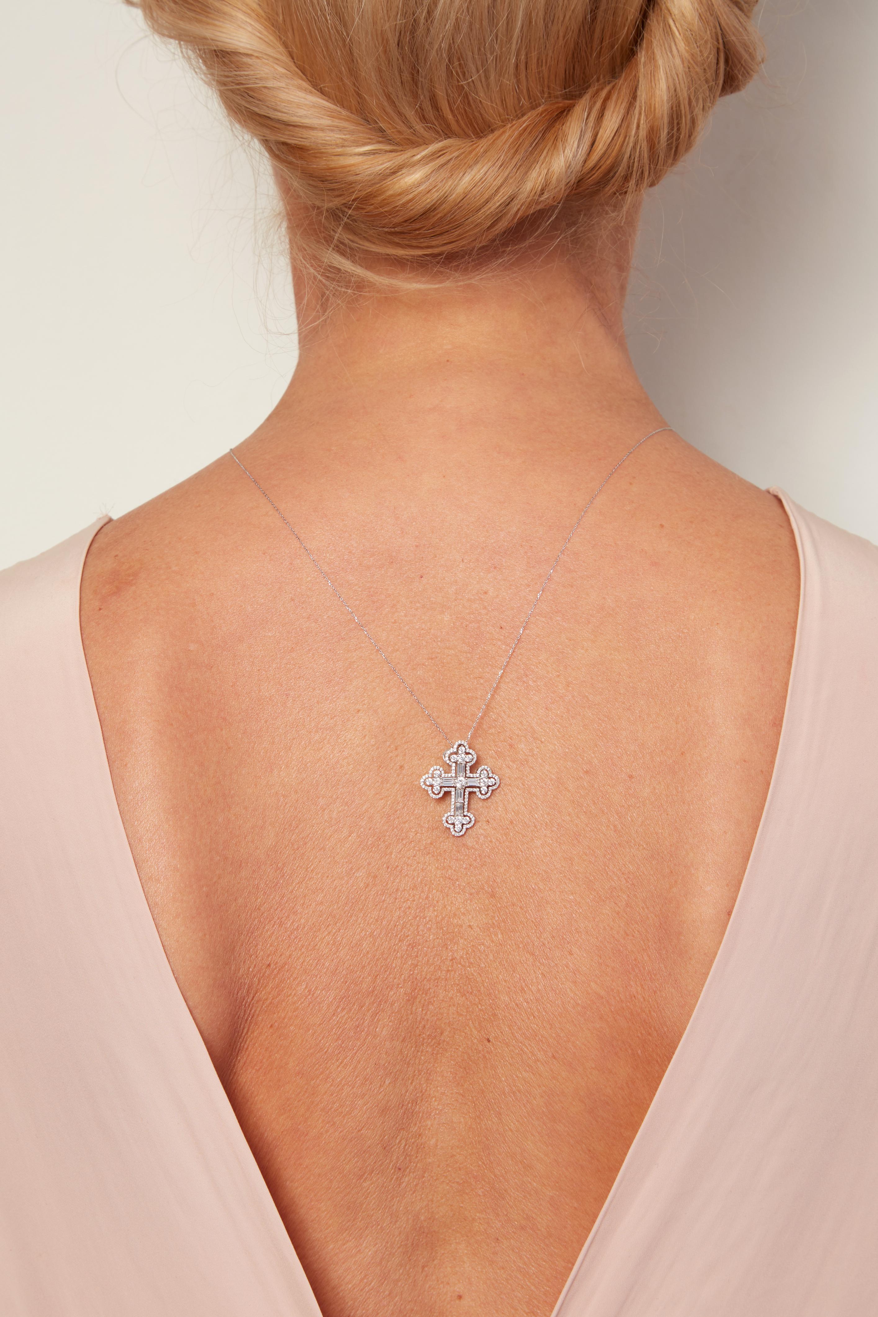 Baguette Cut Tess Van Ghert  18K White Gold and Diamond Orthodox Cross Necklace For Sale