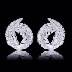 18K White Gold and Diamonds Textured Leaf Earrings