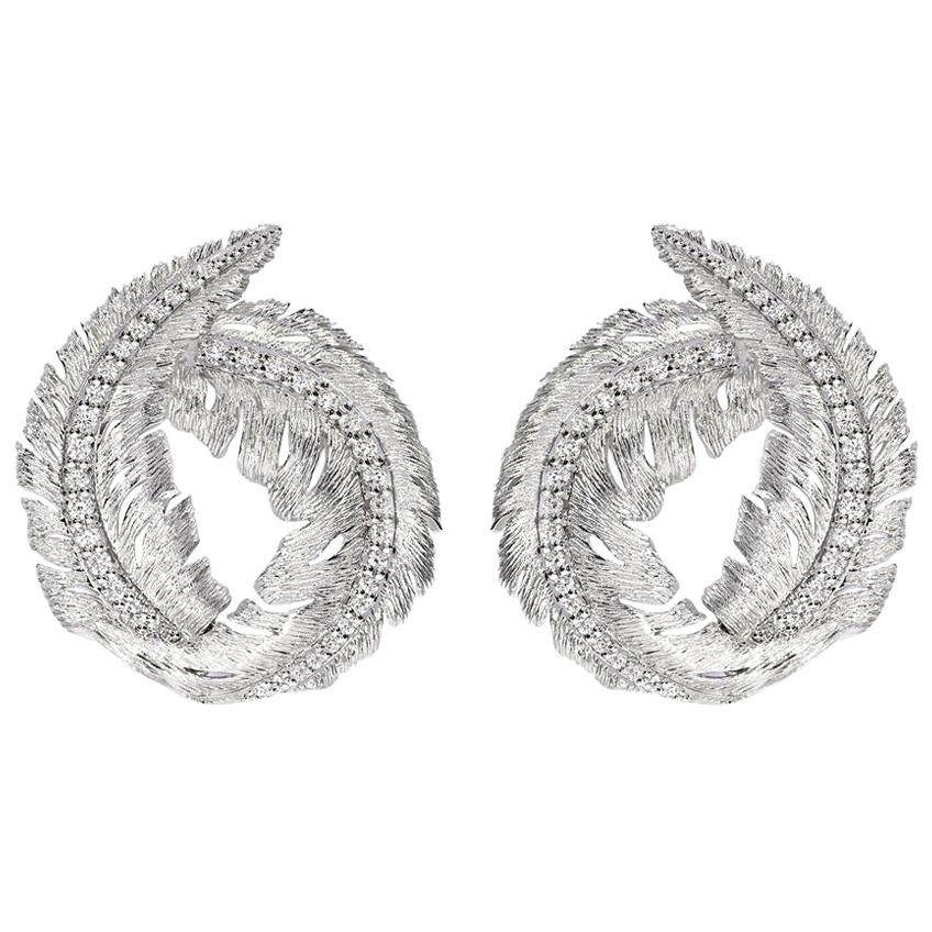 18K White Gold and Diamonds Textured Leaf Earrings For Sale