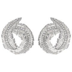 18K White Gold and Diamonds Textured Leaf Earrings