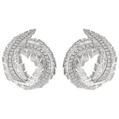 18K White Gold and Diamonds Textured Leaf Earrings