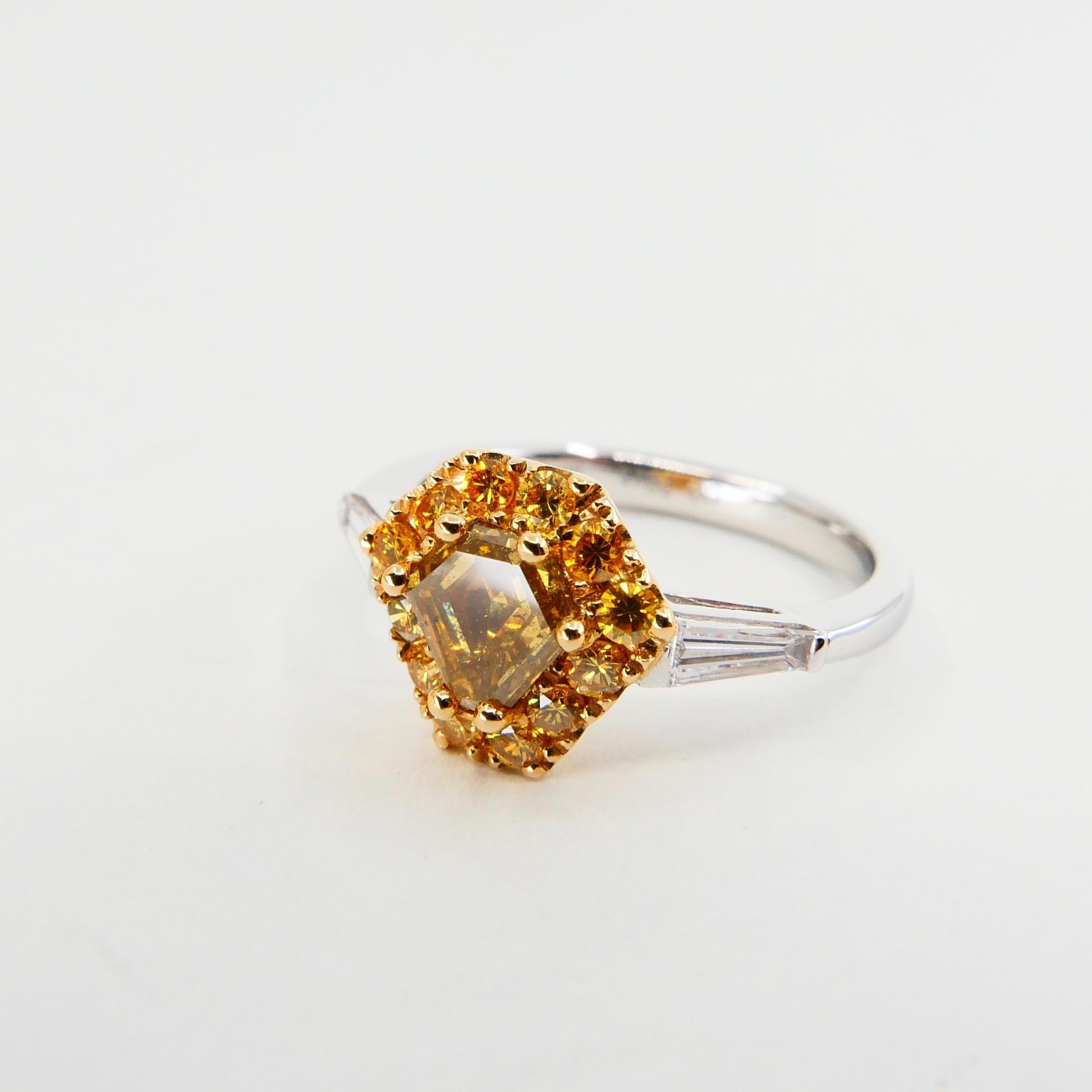 Kite Cut 18 Karat White Gold and Fancy Vivid Yellow Diamond Cocktail Ring For Sale