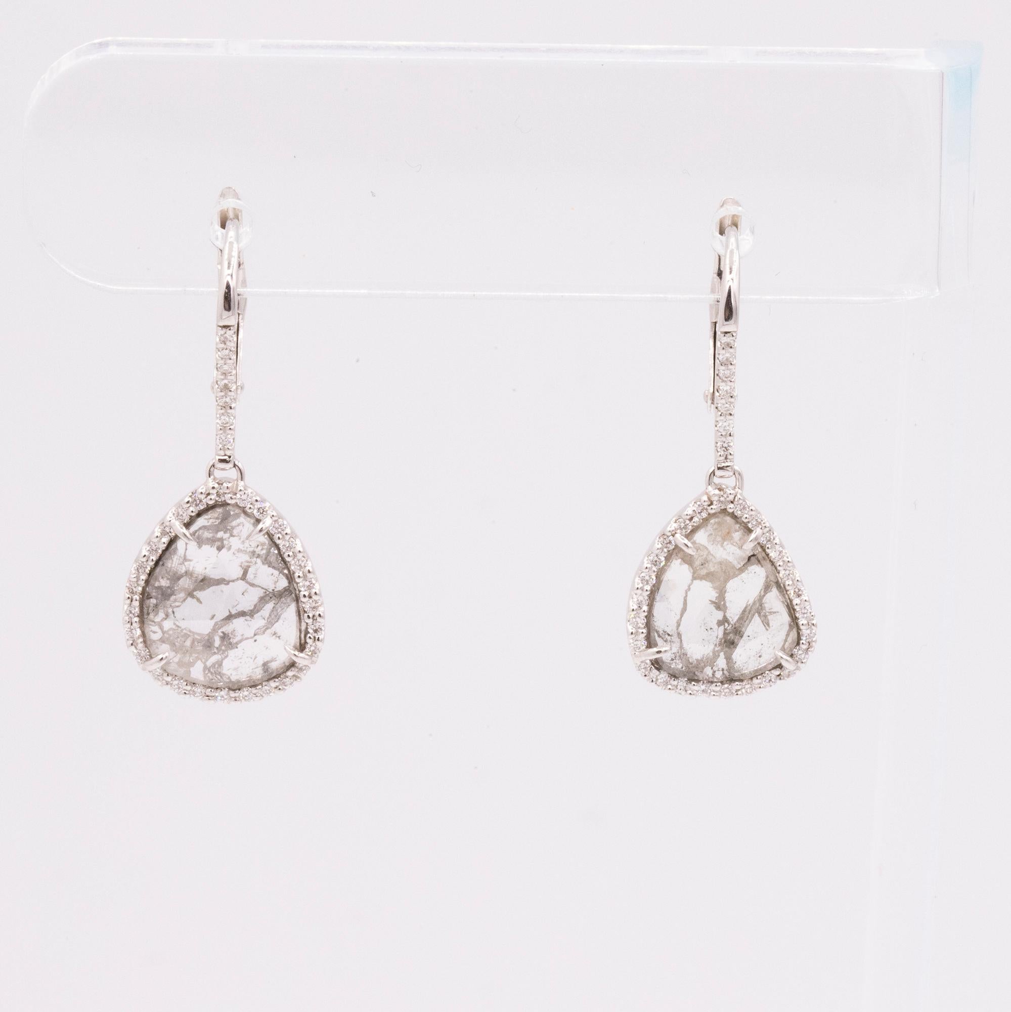18 Karat White Gold and Natural Diamond Slice Drop Earrings In New Condition In Princeton, NJ