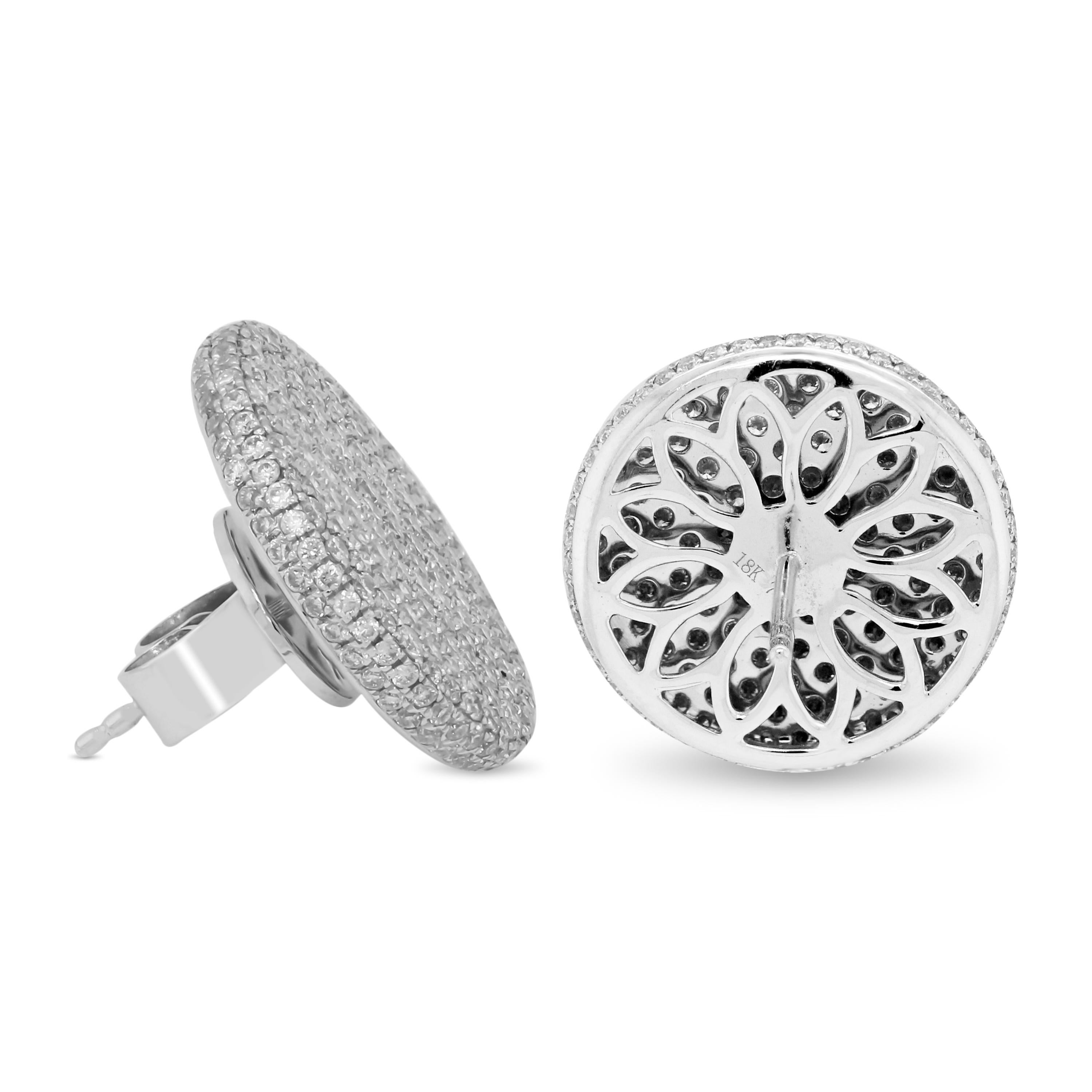 Round Cut 18 Karat White Gold and Pavé Set Diamond Circle Disk Stud Earrings For Sale