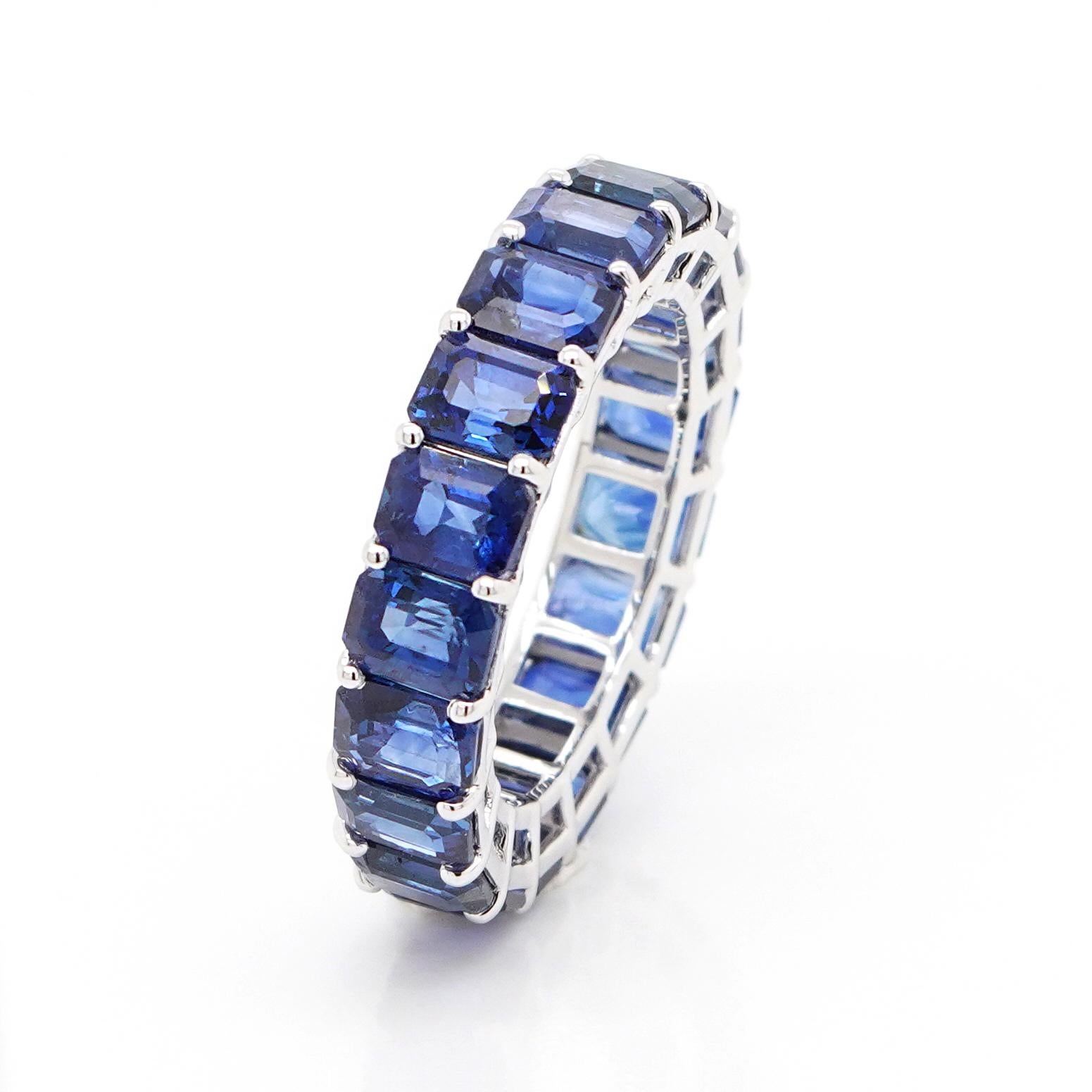 Octagon Cut 18K White Gold And Sapphire Eternity Band Ring 8.94 ct. For Sale