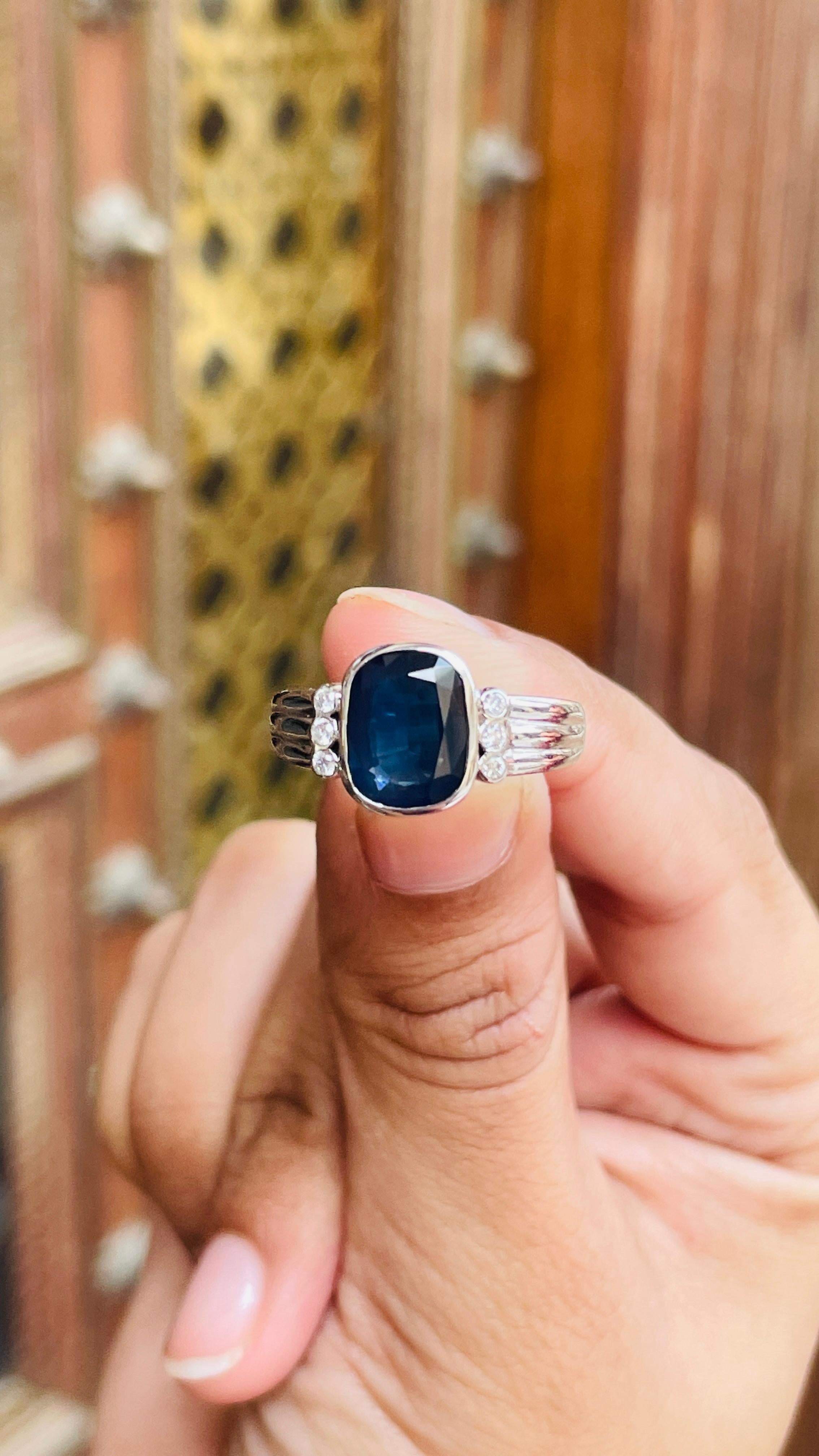 2.74 CTW Blue Sapphire Ring with Diamonds in 18k Solid White Gold  For Sale 6
