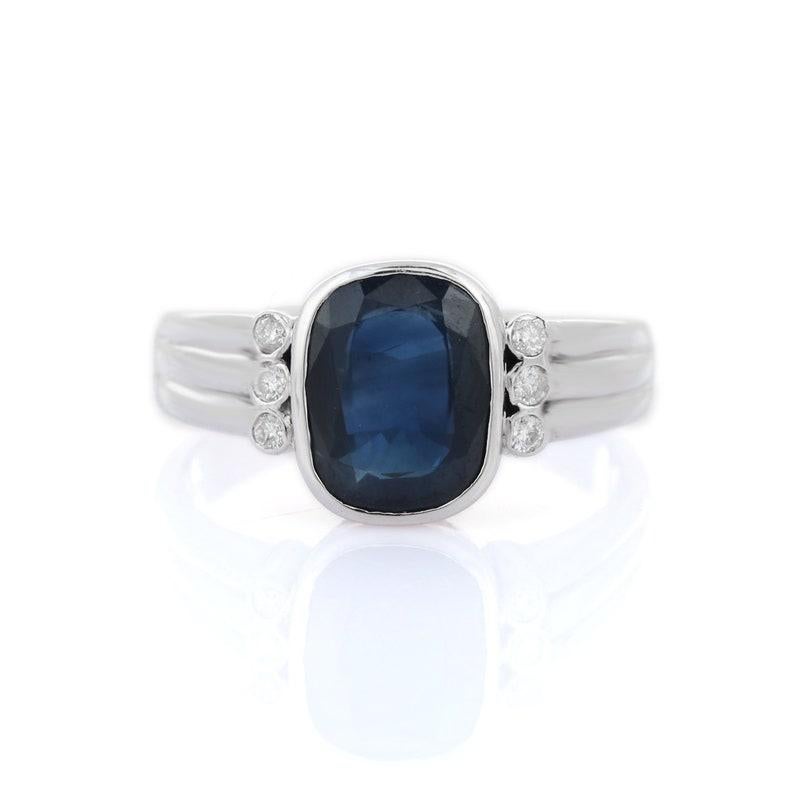 Cushion Cut 2.74 CTW Blue Sapphire Ring with Diamonds in 18k Solid White Gold  For Sale