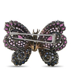 18K White Gold and Silver 0.40ct Diamond, Ruby, and Sapphire Butterfly Brooch