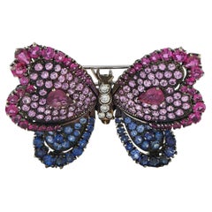 18K White Gold and Silver 0.40ct Diamond, Ruby, and Sapphire Butterfly Brooch