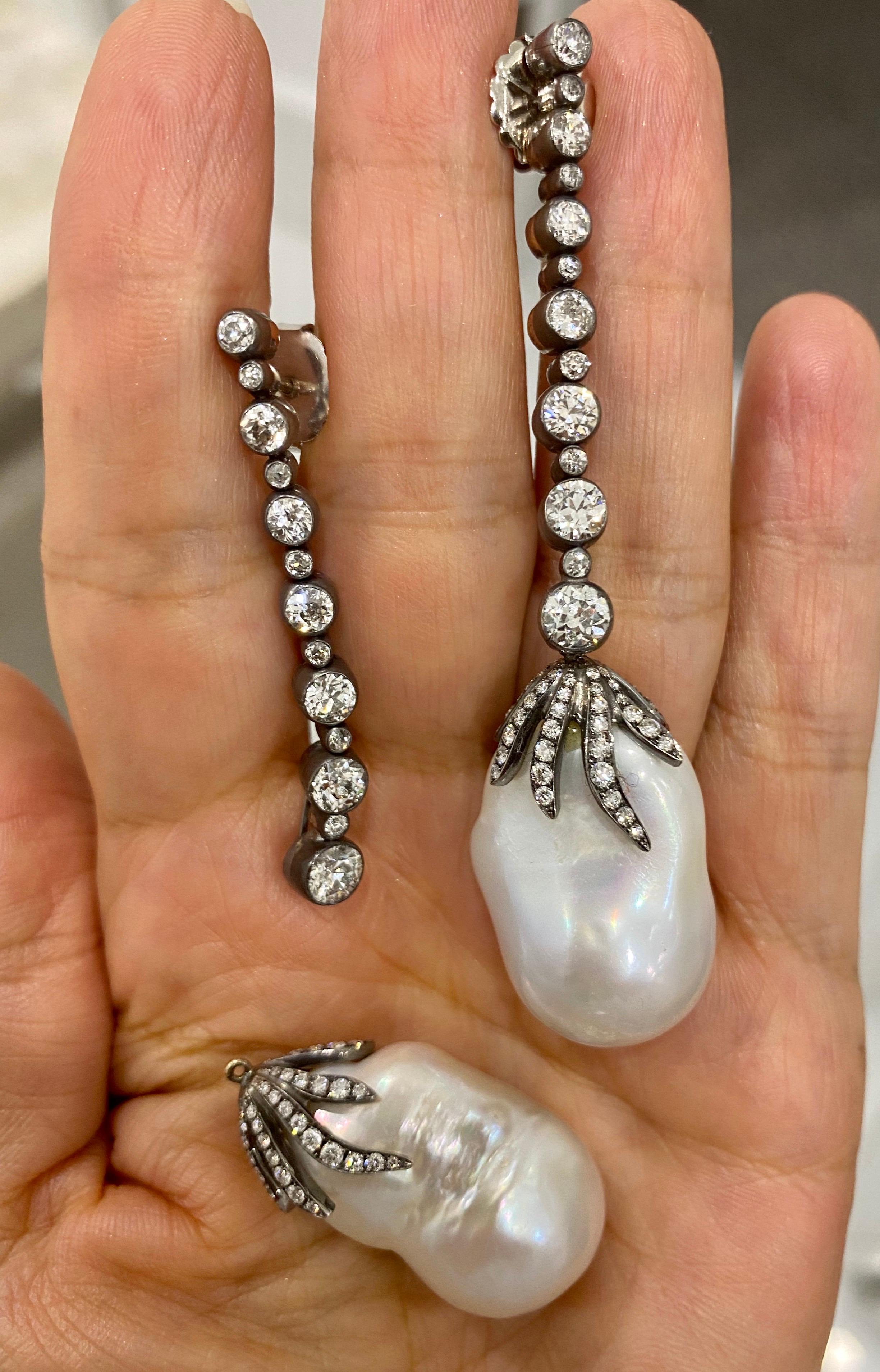 Mixed Cut Mindi Mond 6 Carat Diamond Detachable Freshwater Pearl Gold Silver Earrings For Sale