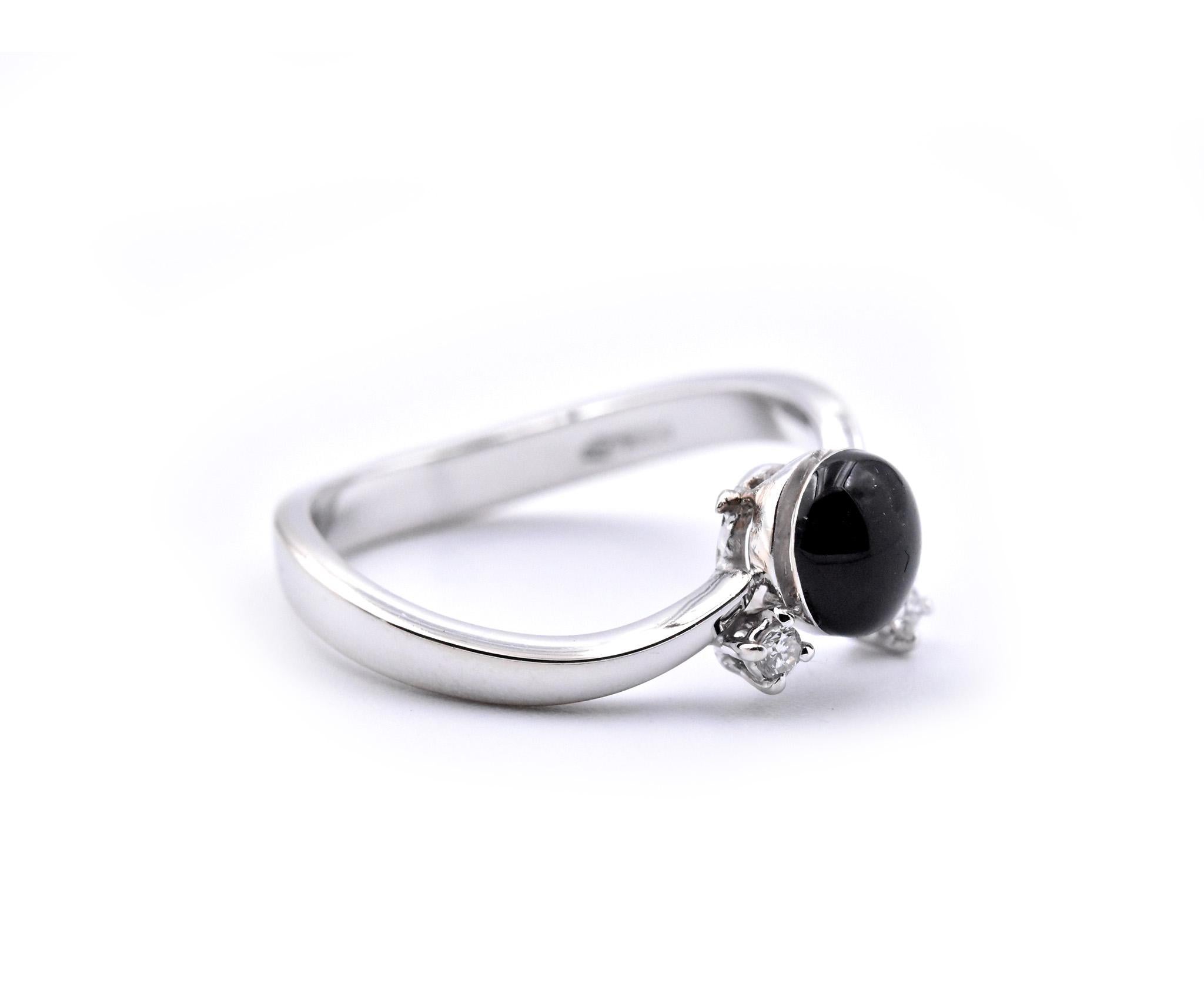 Round Cut 18 Karat White Gold and Sterling Silver Black Enamel Ring