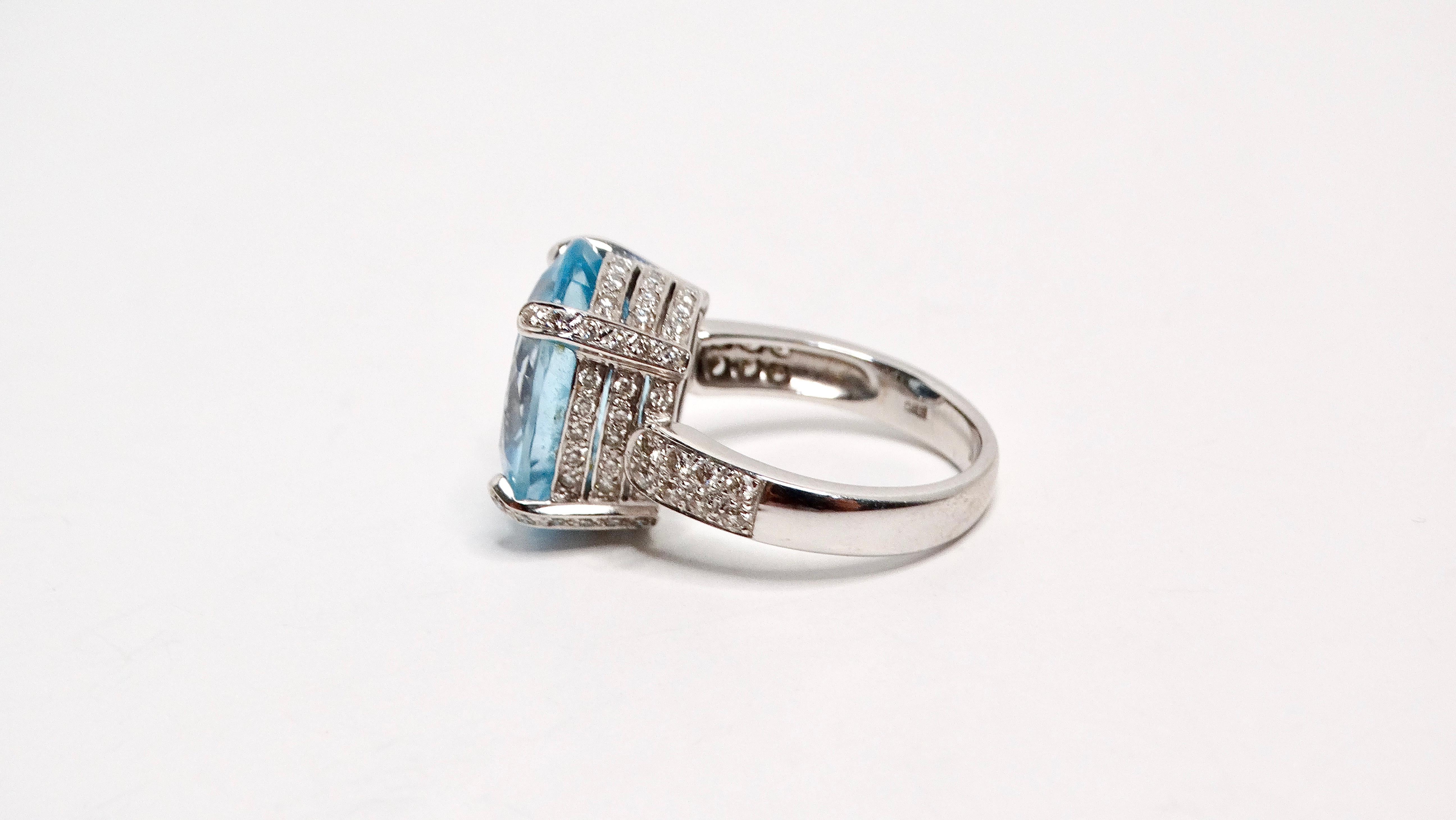 Round Cut 18k White Gold and Swiss Blue Topaz and Diamond Ring For Sale