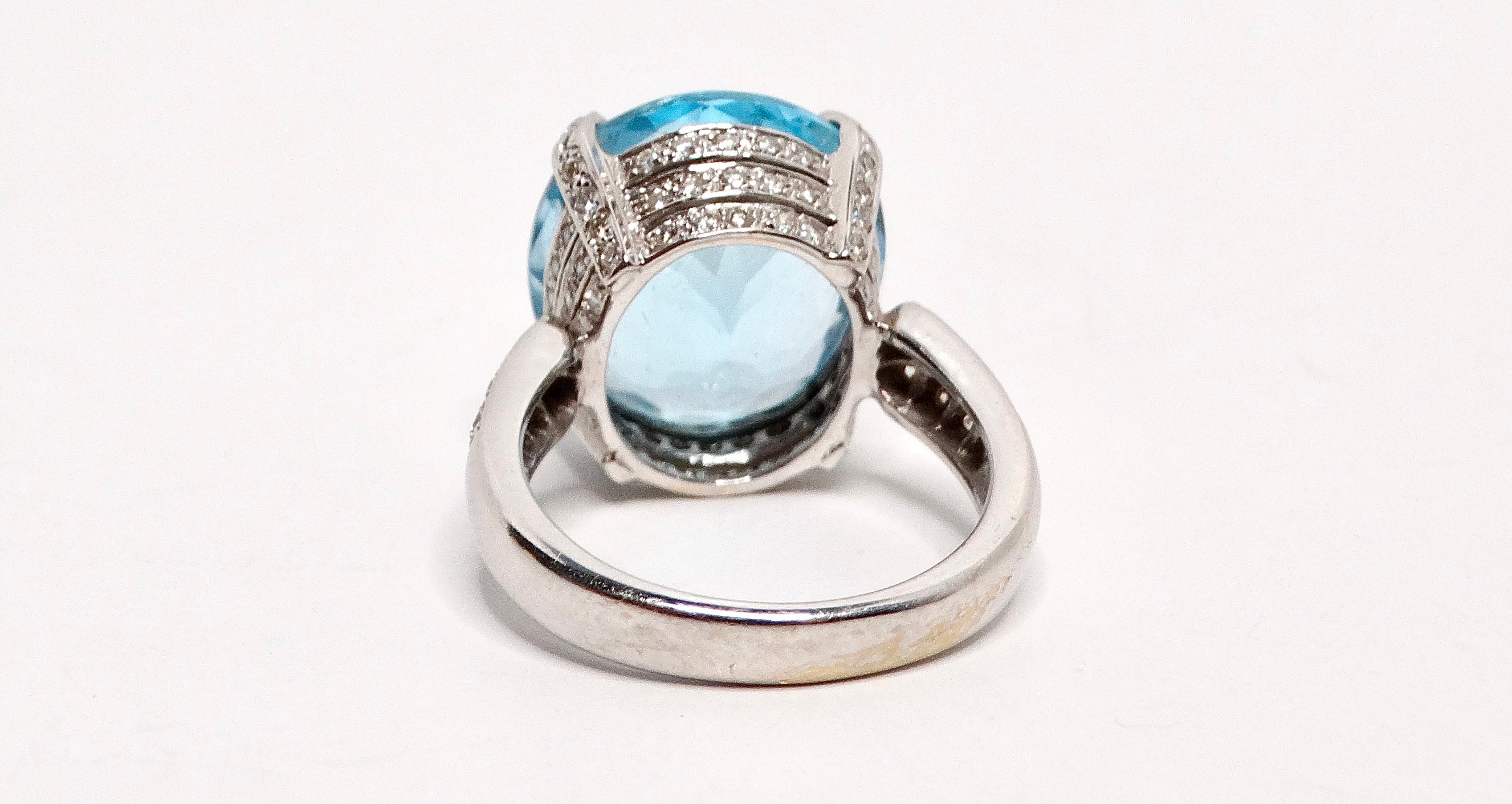 18k White Gold and Swiss Blue Topaz and Diamond Ring For Sale 1