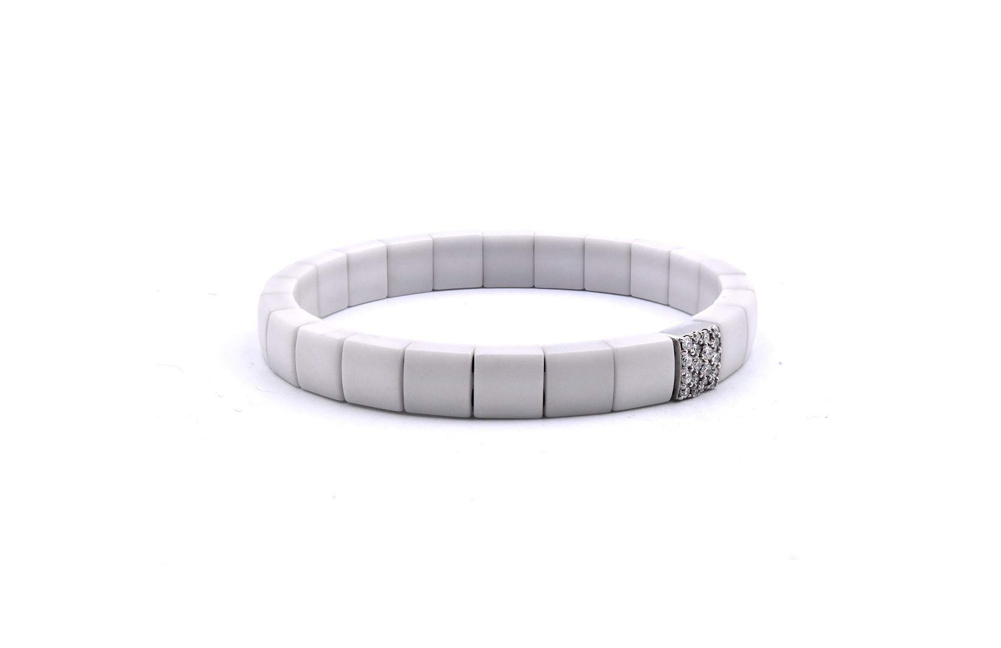Designer: custom
Material: 18k white gold and ceramic
Diamonds: 18 round cut = .36cttw
Color: G
Clarity: VS
Dimensions: bracelet will fit a size 6 inch wrist, bracelet is 7.83mm wide
Weight: 31.72 grams
