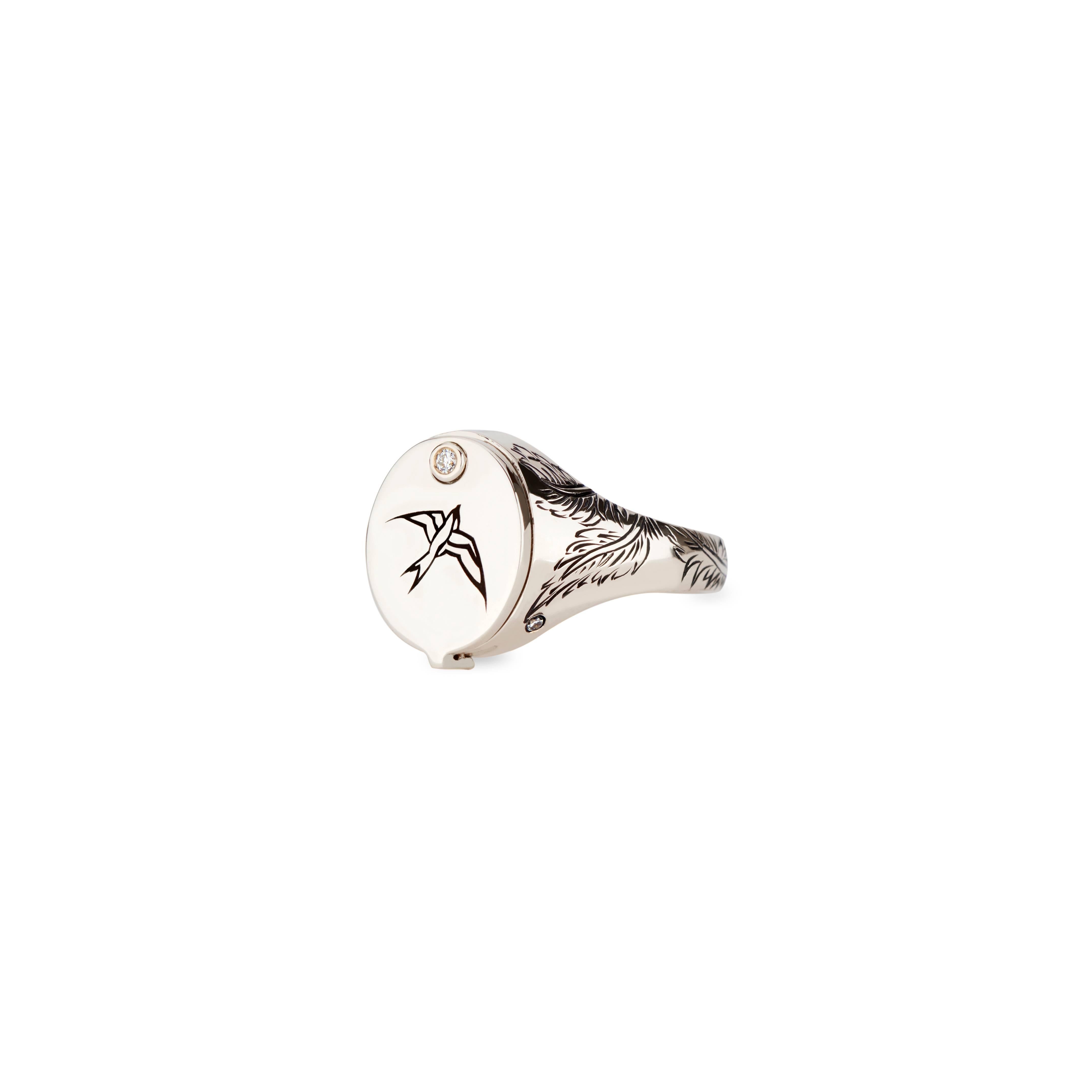 Victorian in style, the uniquely sleek 18k white gold and white diamond Nightingale Conservatory Signet features a 