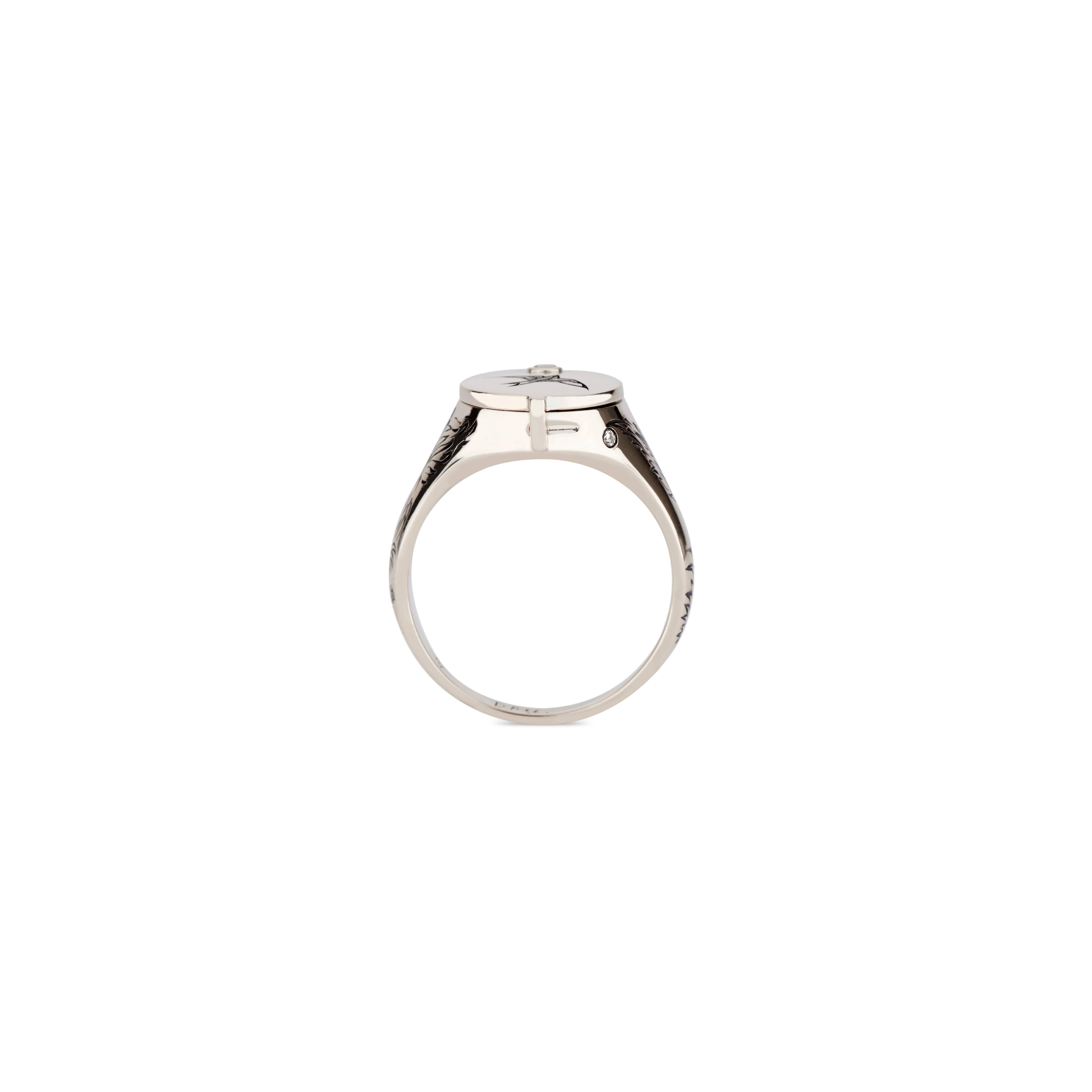 Round Cut 18k White Gold and White Diamond Nightingale Conservatory Signet Ring For Sale