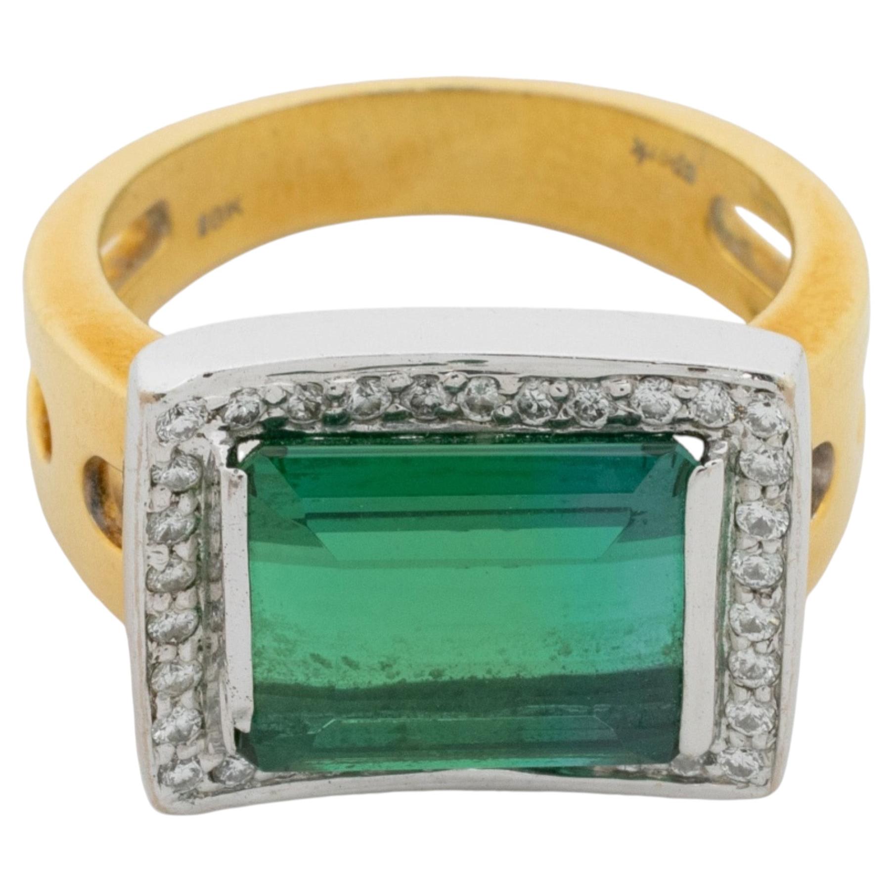 18K White Gold and Yellow Gold Green Tourmaline Diamond Ring, 6ct