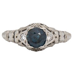 18K White Gold Antique Filigree Solitaire Australian Sapphire Engagement Ring