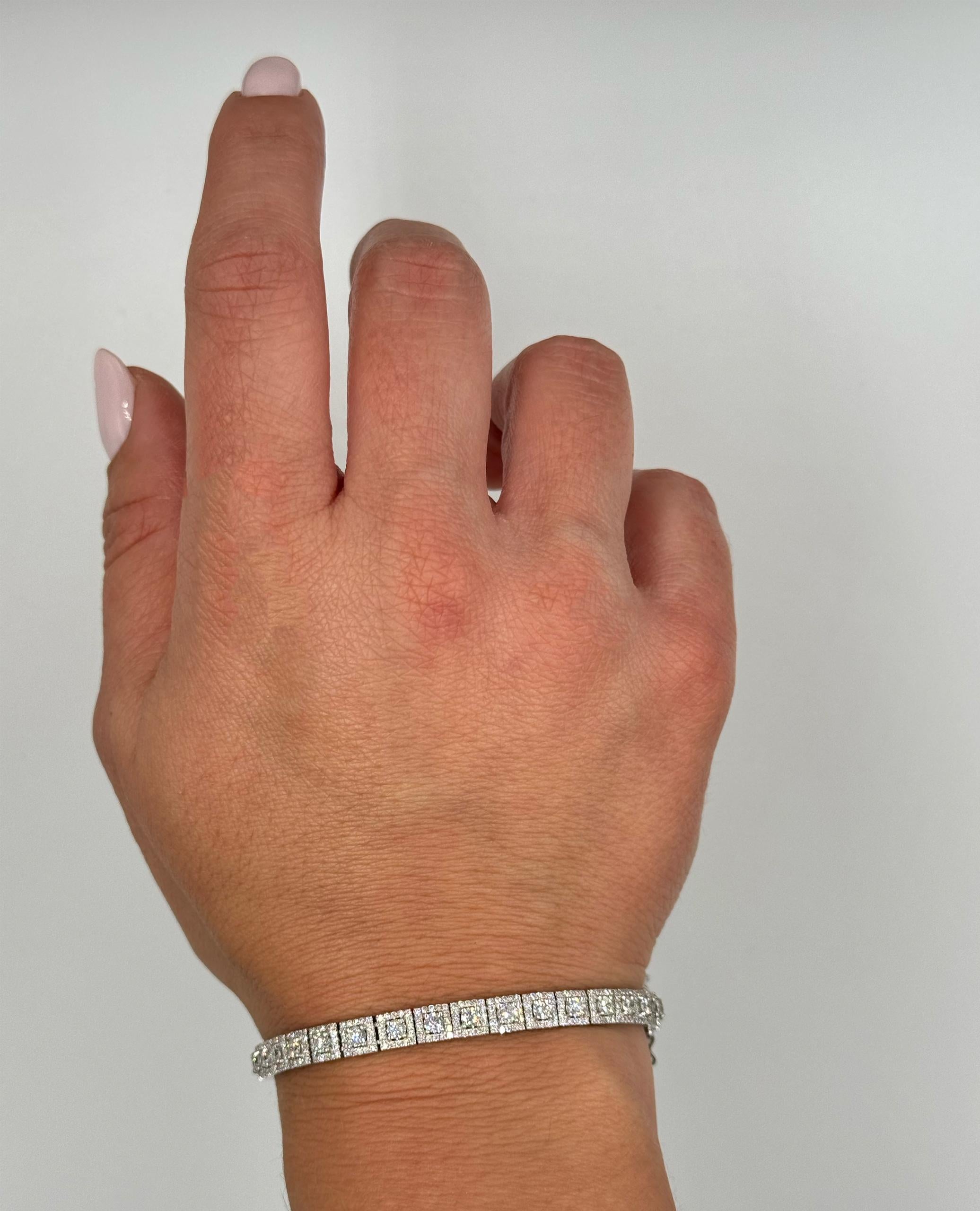 Round Cut 18K White Gold Antique Inspired Tennis Bracelet For Sale
