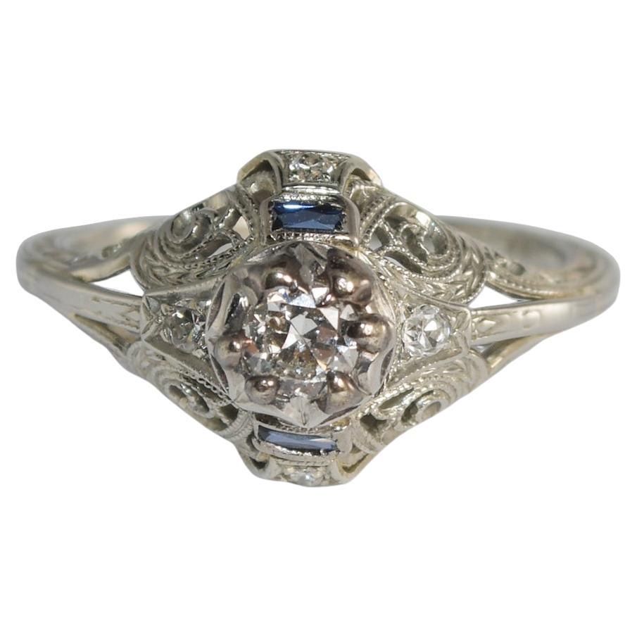 18 Karat Weißgold Ring mit antikem Saphir und Diamant