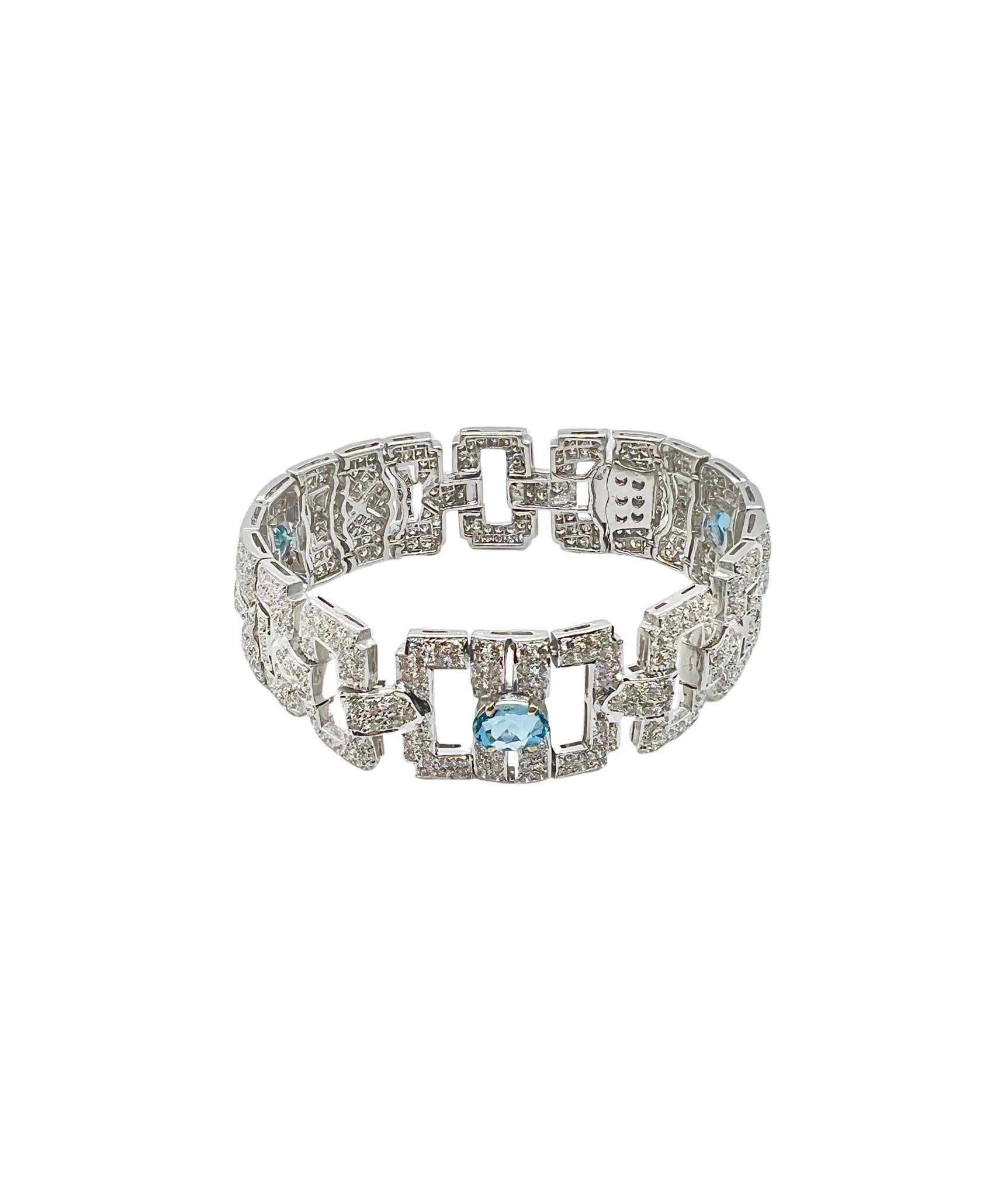 Pulsera de Oro Blanco de 18k, Aguamarina y Diamantes Corte brillante en venta