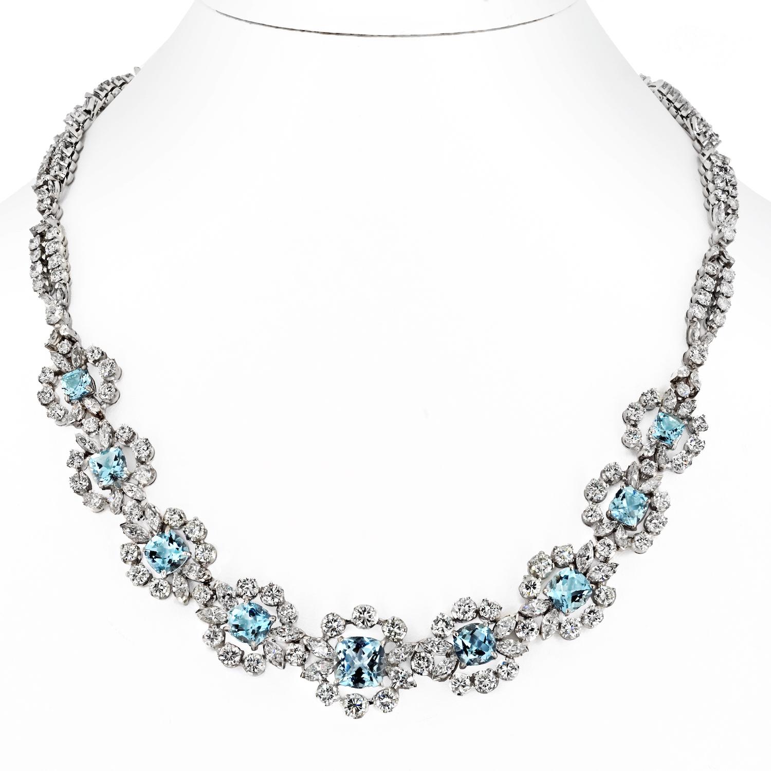 Elevate your style with this luxurious aquamarine and diamond necklace, perfect for your most special occasions. The light blue aquamarine stones, with their translucency and glossiness, create a dazzling interplay of light. This piece exudes a
