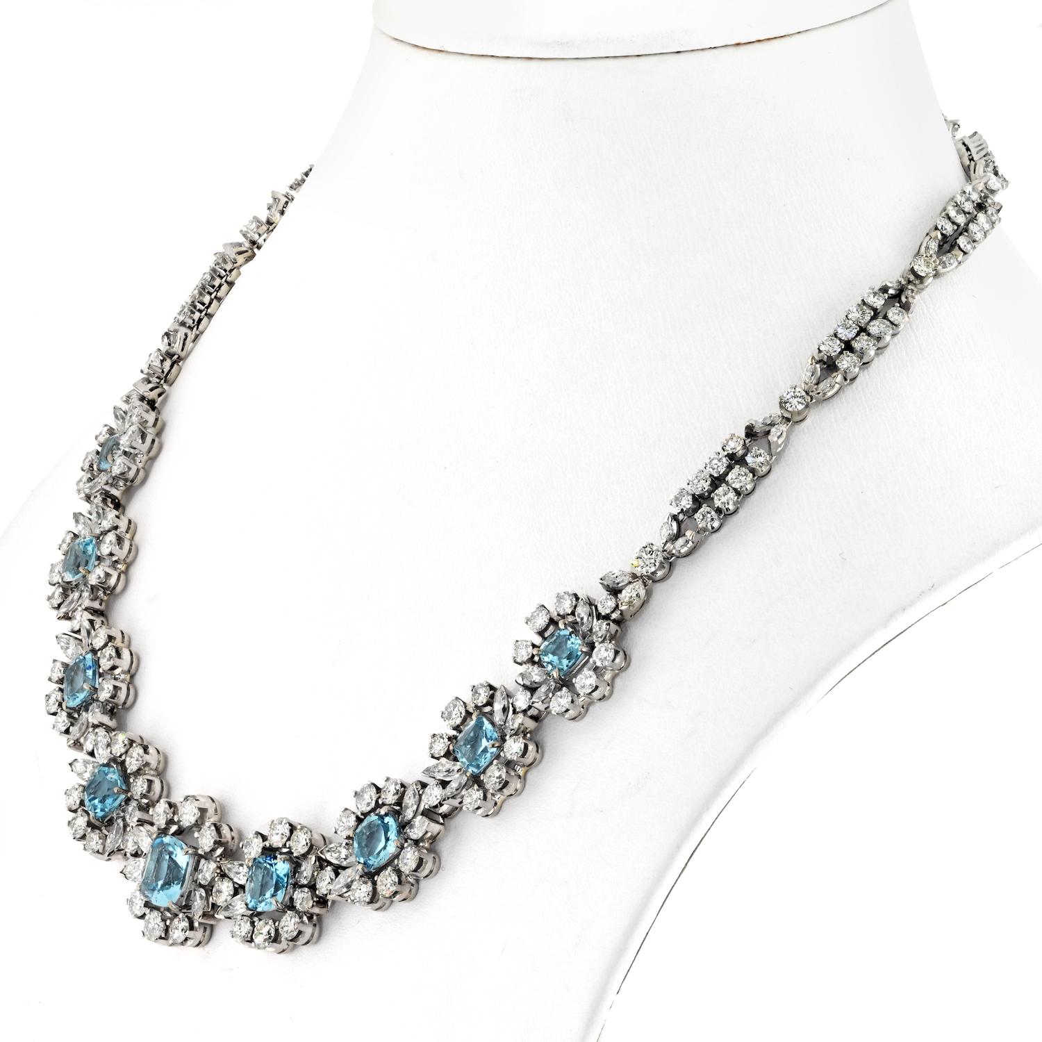 Modern 18K White Gold Aquamarine And Diamond Necklace