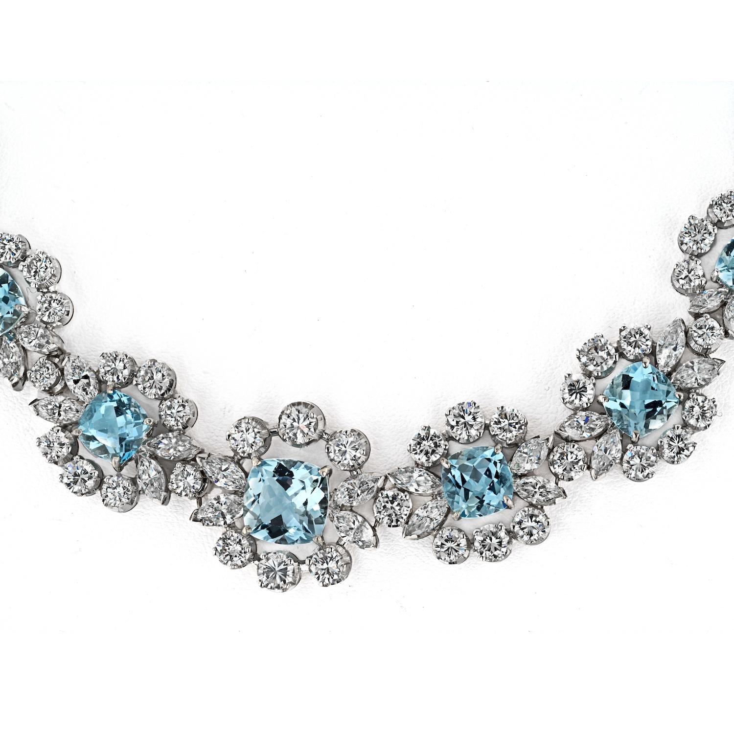 Oval Cut 18K White Gold Aquamarine And Diamond Necklace For Sale