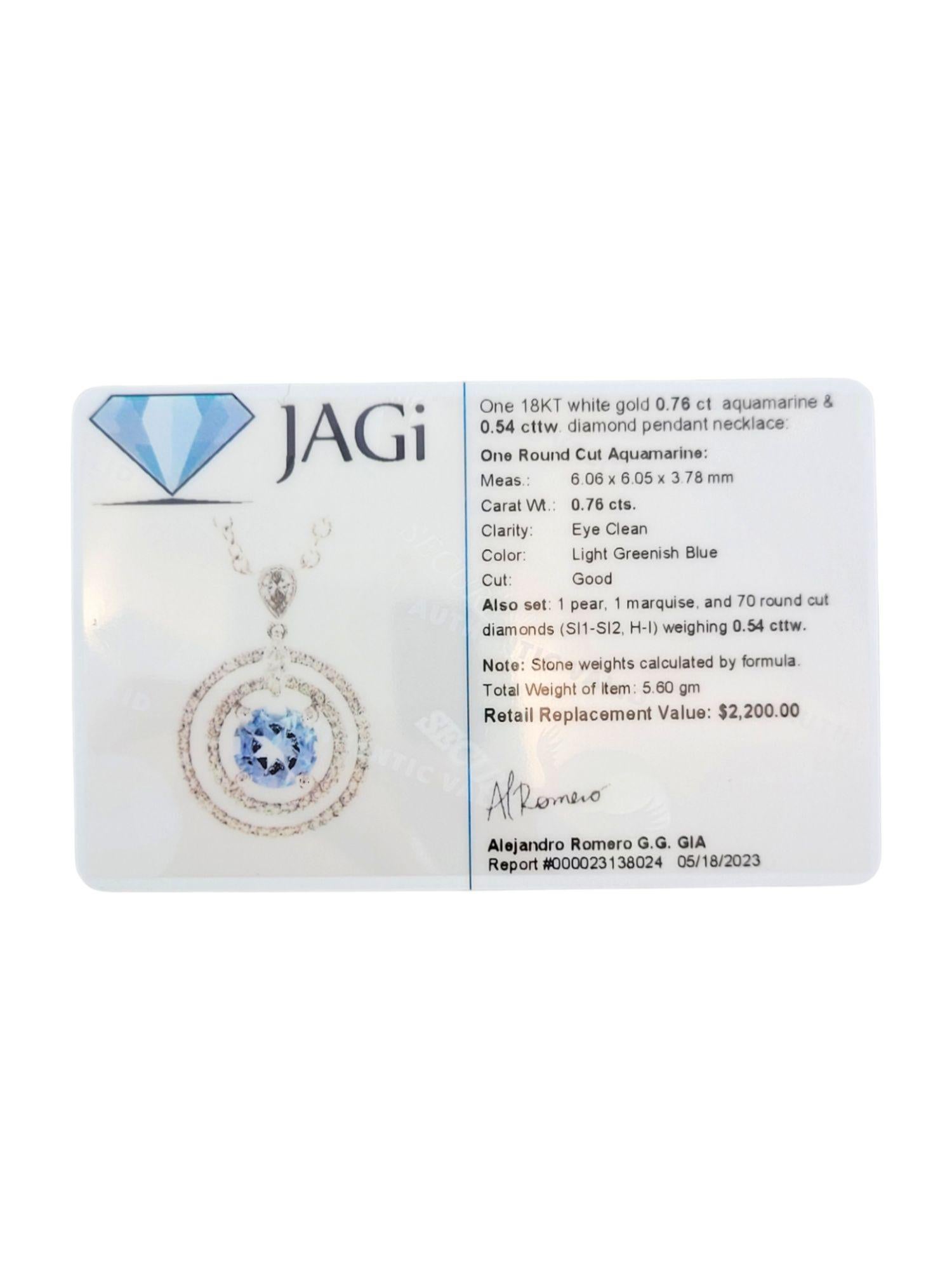 18K White Gold Aquamarine and Diamond Pendant Necklace #14748 For Sale 3