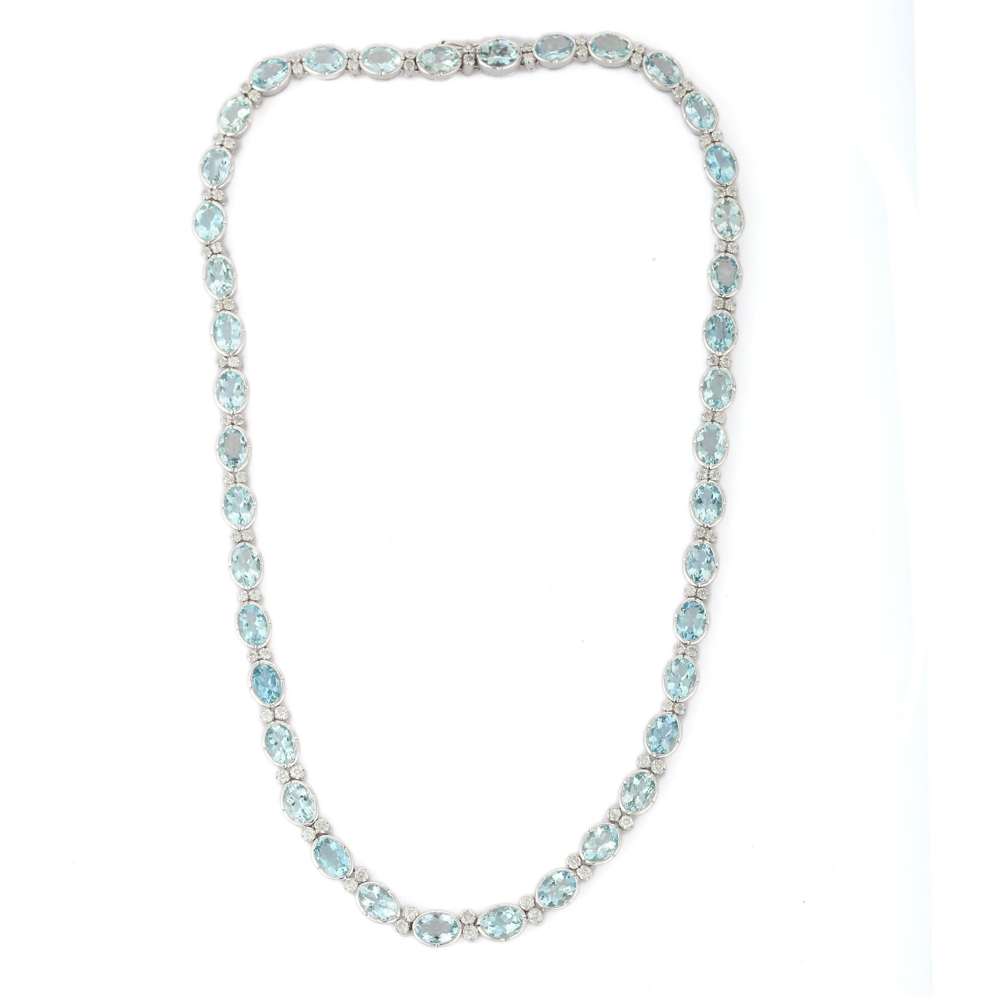 Oval Cut 18K White Gold Aquamarine and Diamond Wedding Necklace For Sale