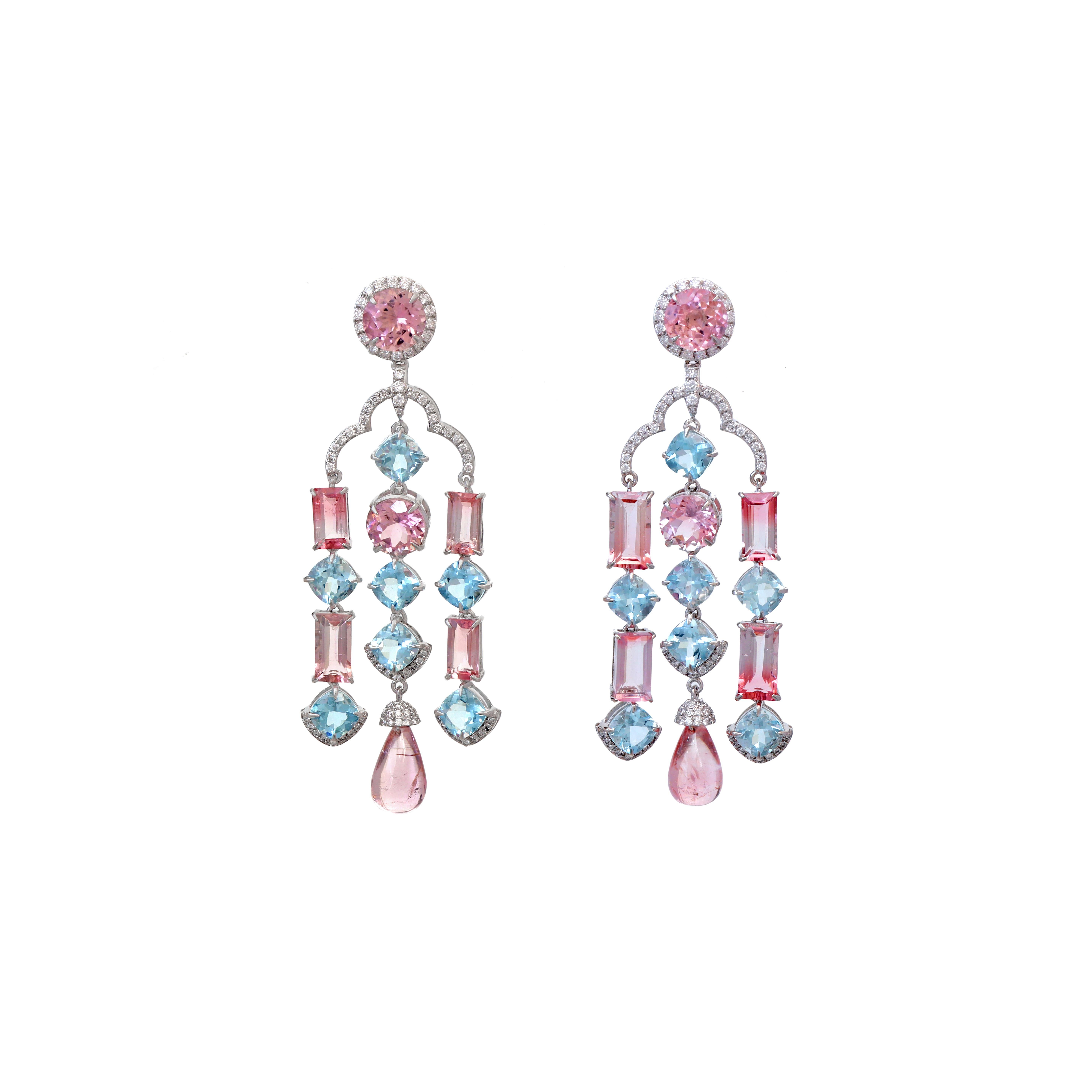 Boucles d'oreilles pendantes en or blanc 18k aigue-marine et tourmaline, bijoux femme en vente 5