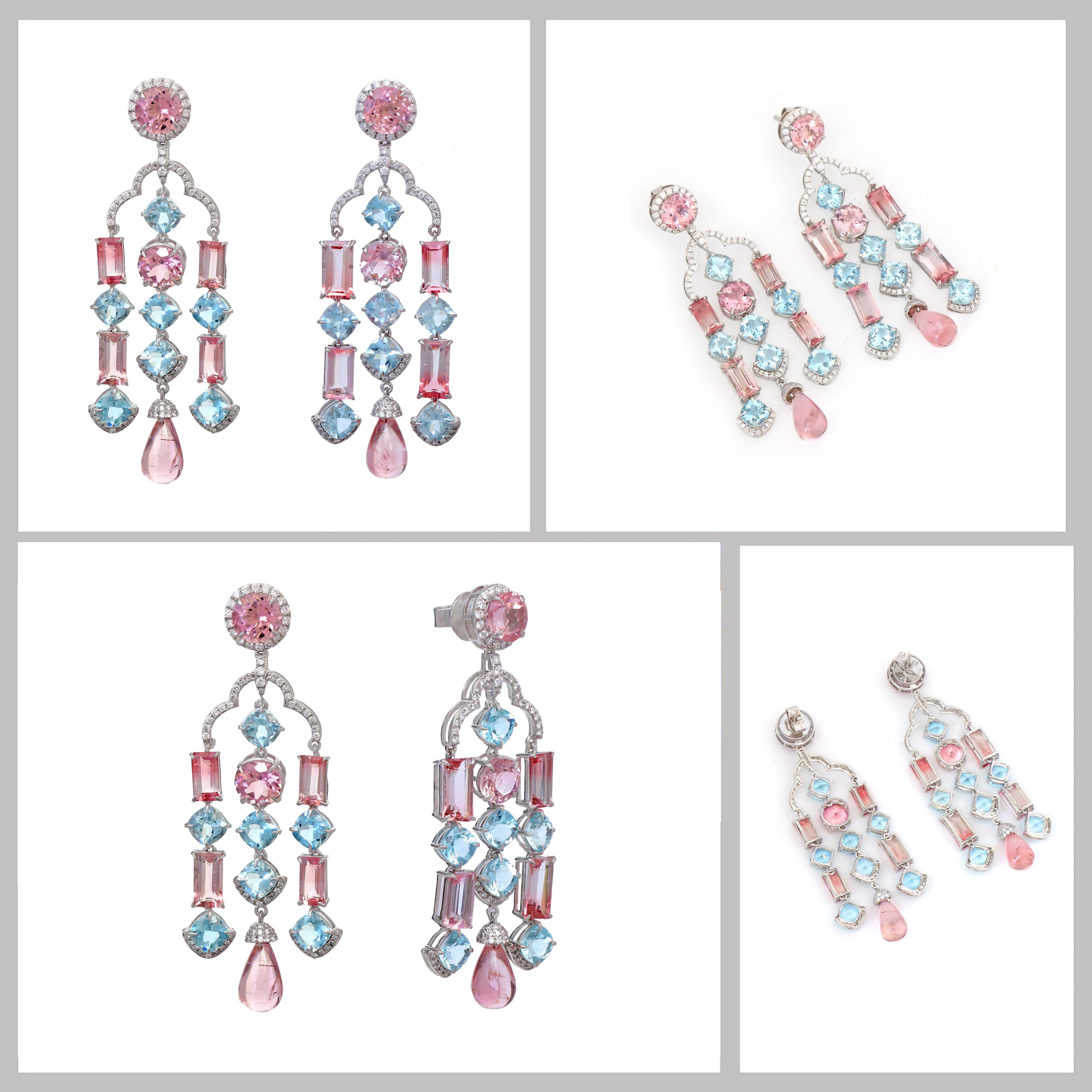 Taille ronde Boucles d'oreilles pendantes en or blanc 18k aigue-marine et tourmaline, bijoux femme en vente