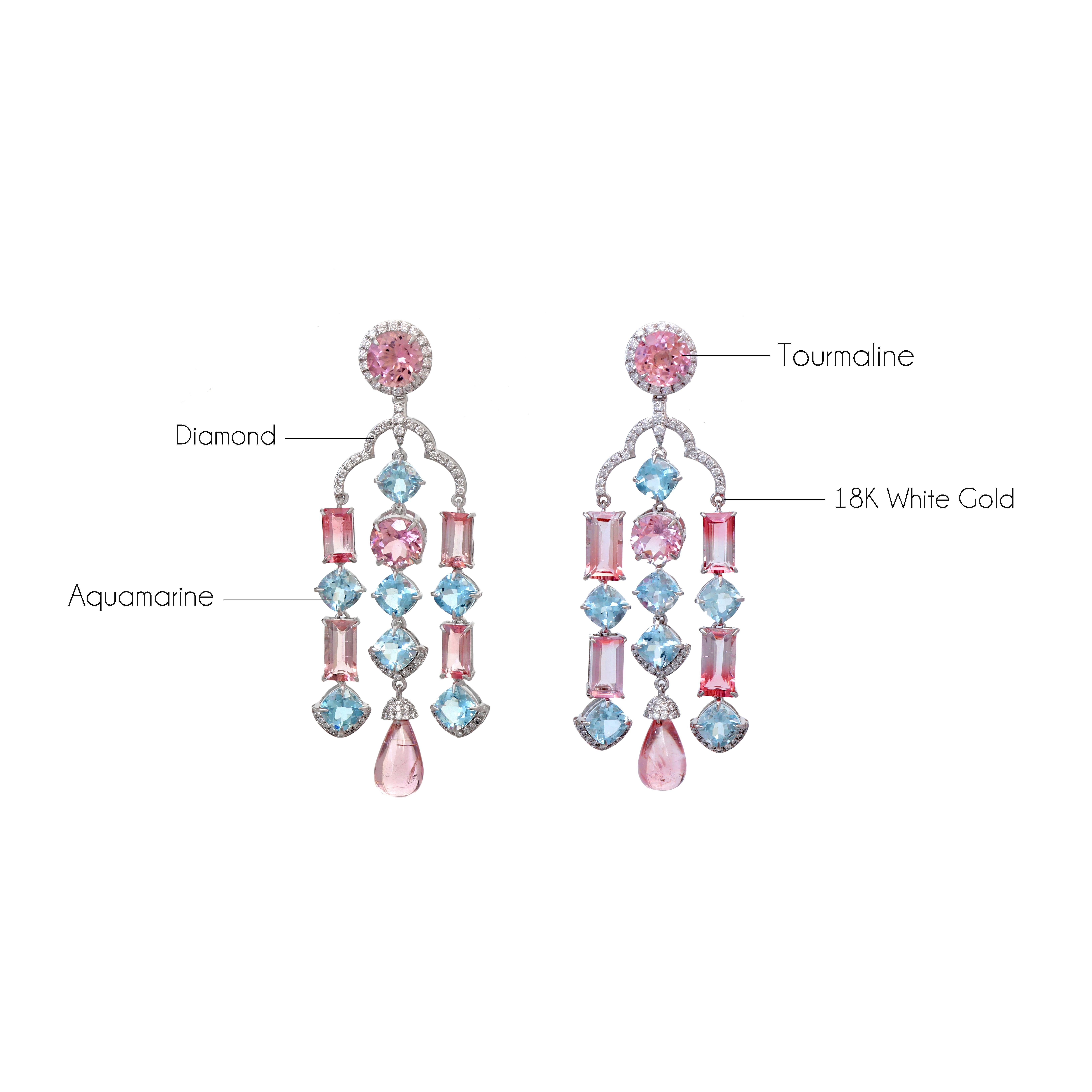 Boucles d'oreilles pendantes en or blanc 18k aigue-marine et tourmaline, bijoux femme Neuf - En vente à Jaipur, IN